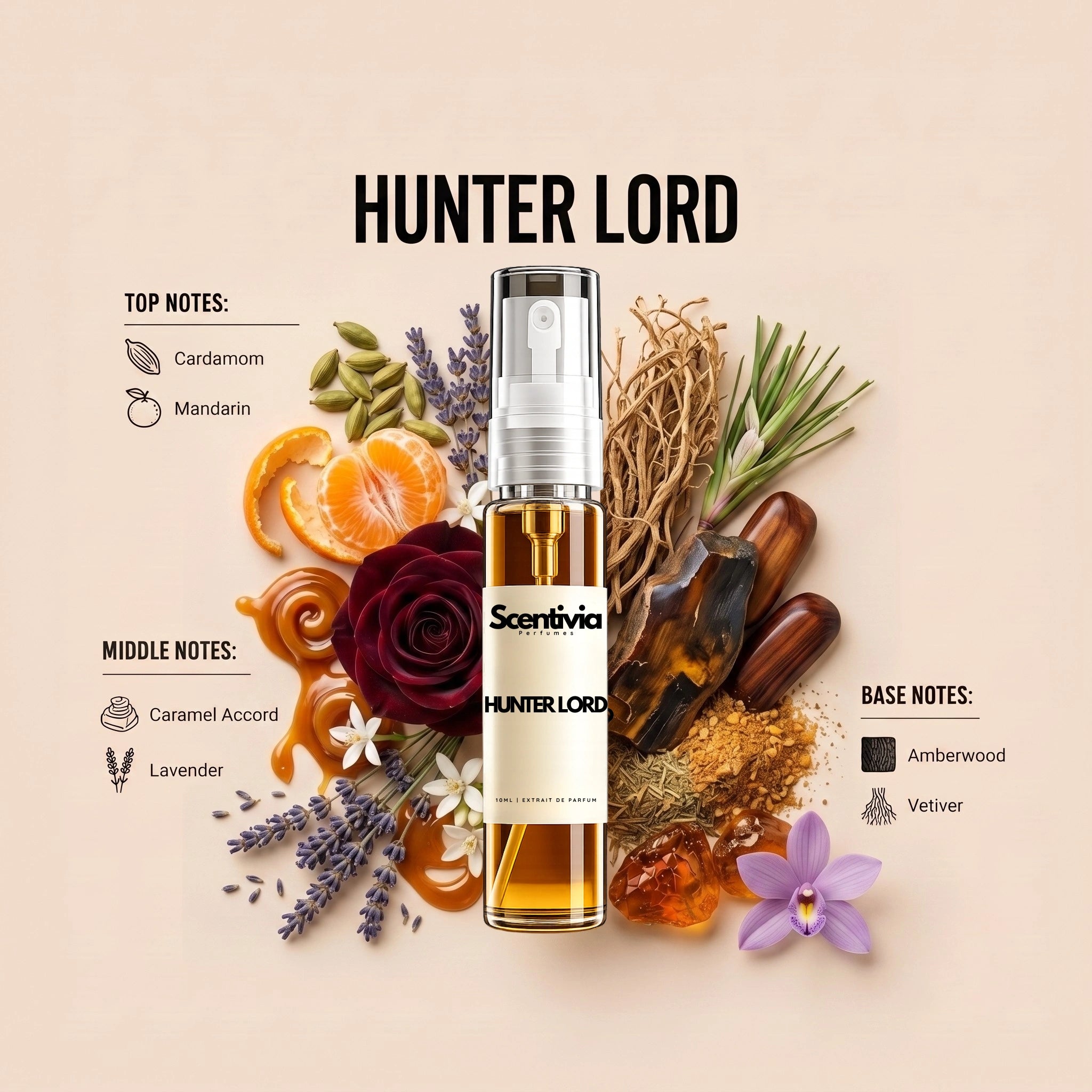 Hunter Lord 10ML perfume bottle by Scentivia Perfumes with cardamom, mandarin, caramel, lavender, amberwood and vetiver

