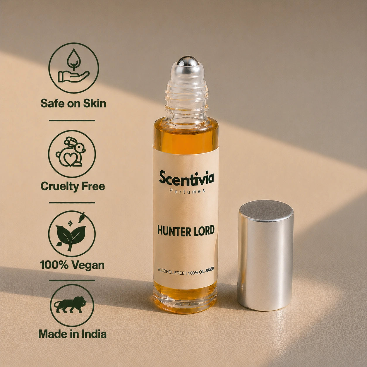 Hunter Lord Roll On bottle highlighting skin safe, cruelty free, vegan and Made in India alcohol free perfume benefits
