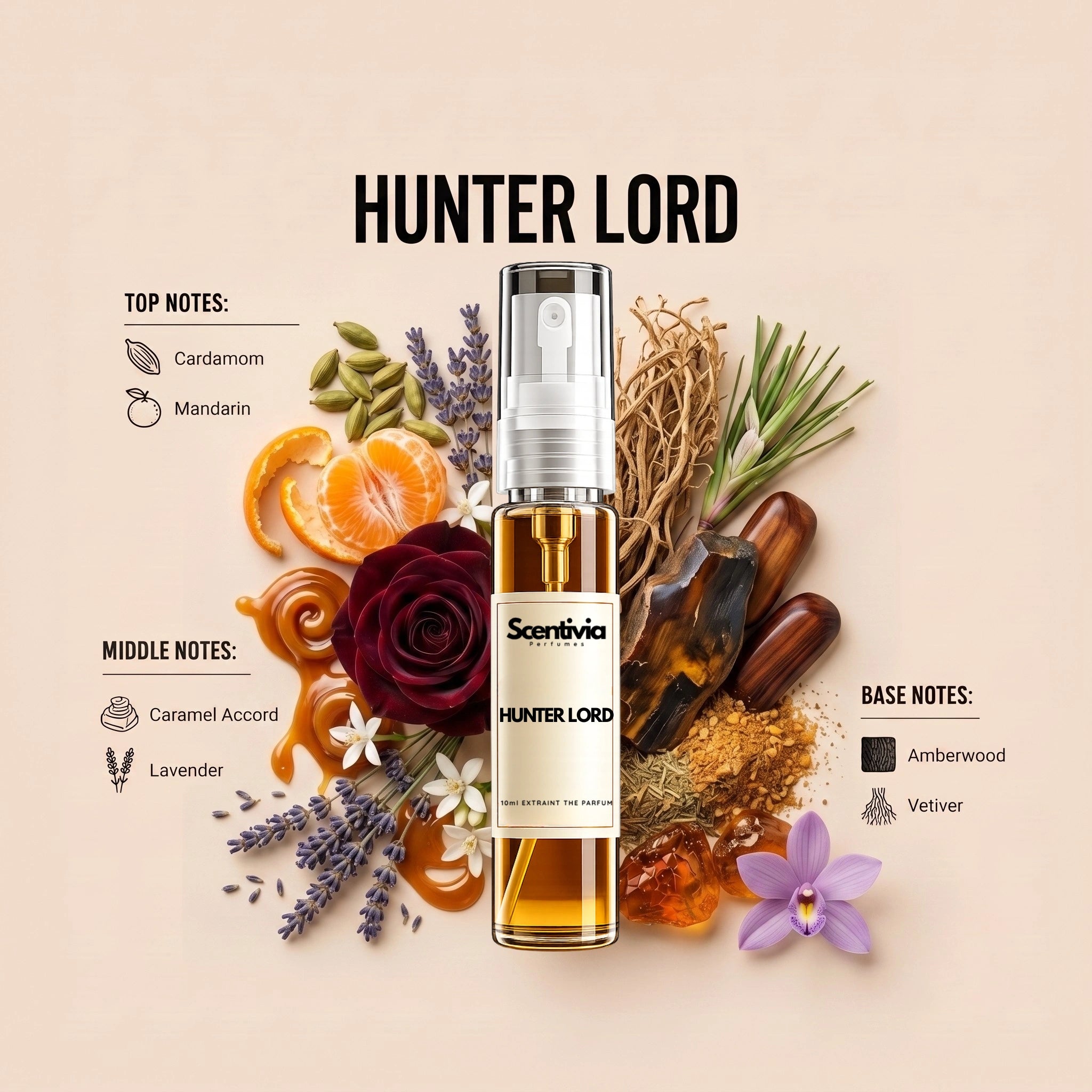 Hunter Lord 10ML perfume bottle by Scentivia Perfumes with cardamom, mandarin, caramel, lavender, amberwood and vetiver