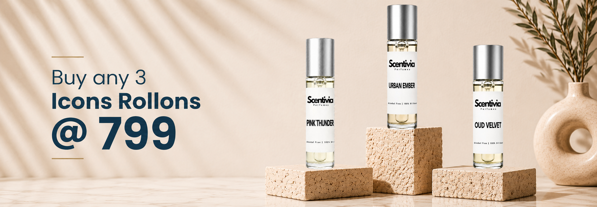 Three Scentsible roll-on bottles on a beige background with promotional text.