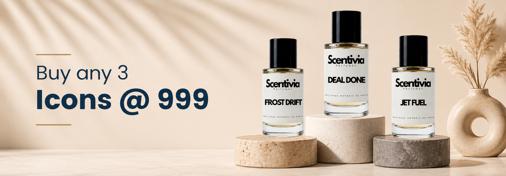 Three Scentivia perfume bottles on wooden stands with decorative elements.