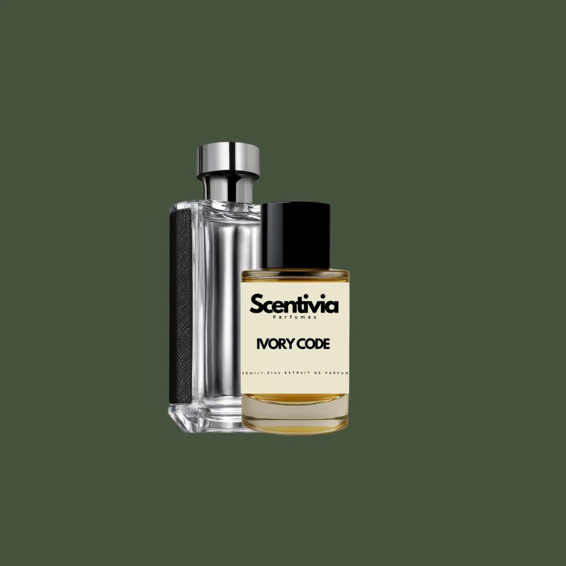 Scentivia Ivory Code perfume bottle paired alongside a luxury clear glass bottle with a black textured side panel on a solid dark olive green background.