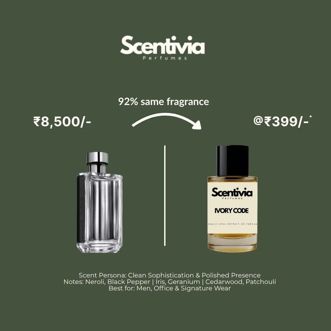 Scentivia Perfumes advertisement comparing a luxury clear glass bottle to Ivory Code for 399, highlighting a 92 percent same fragrance match.
