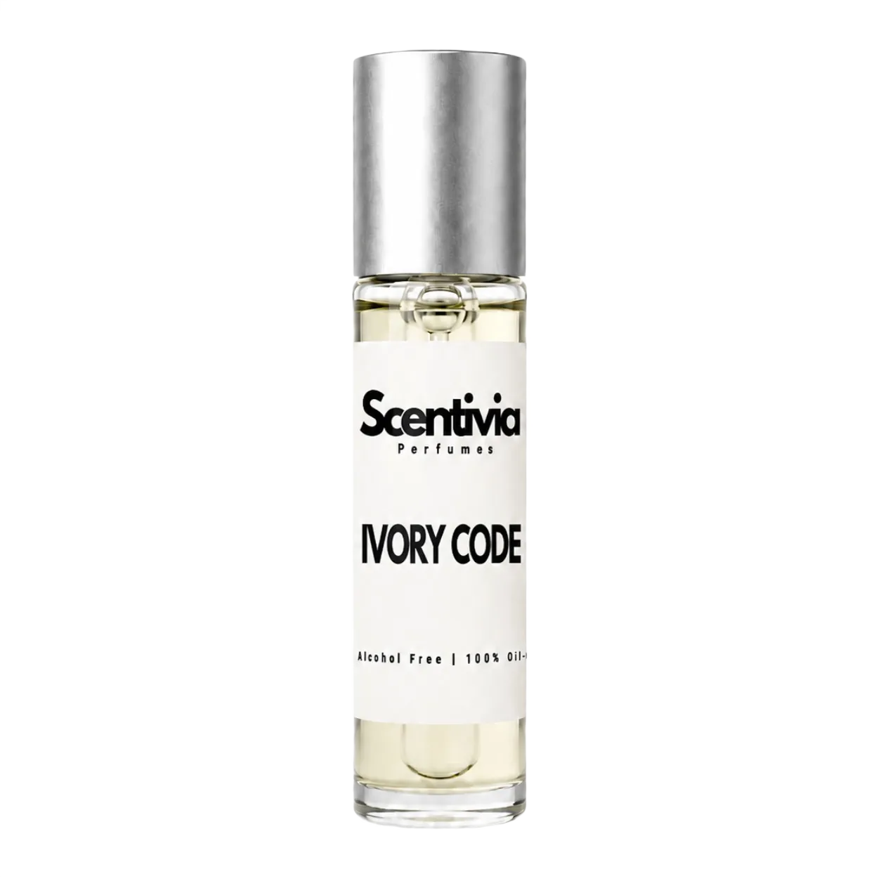 Ivory Code roll-on perfume bottle with silver cap and glass body, Scentvia label
