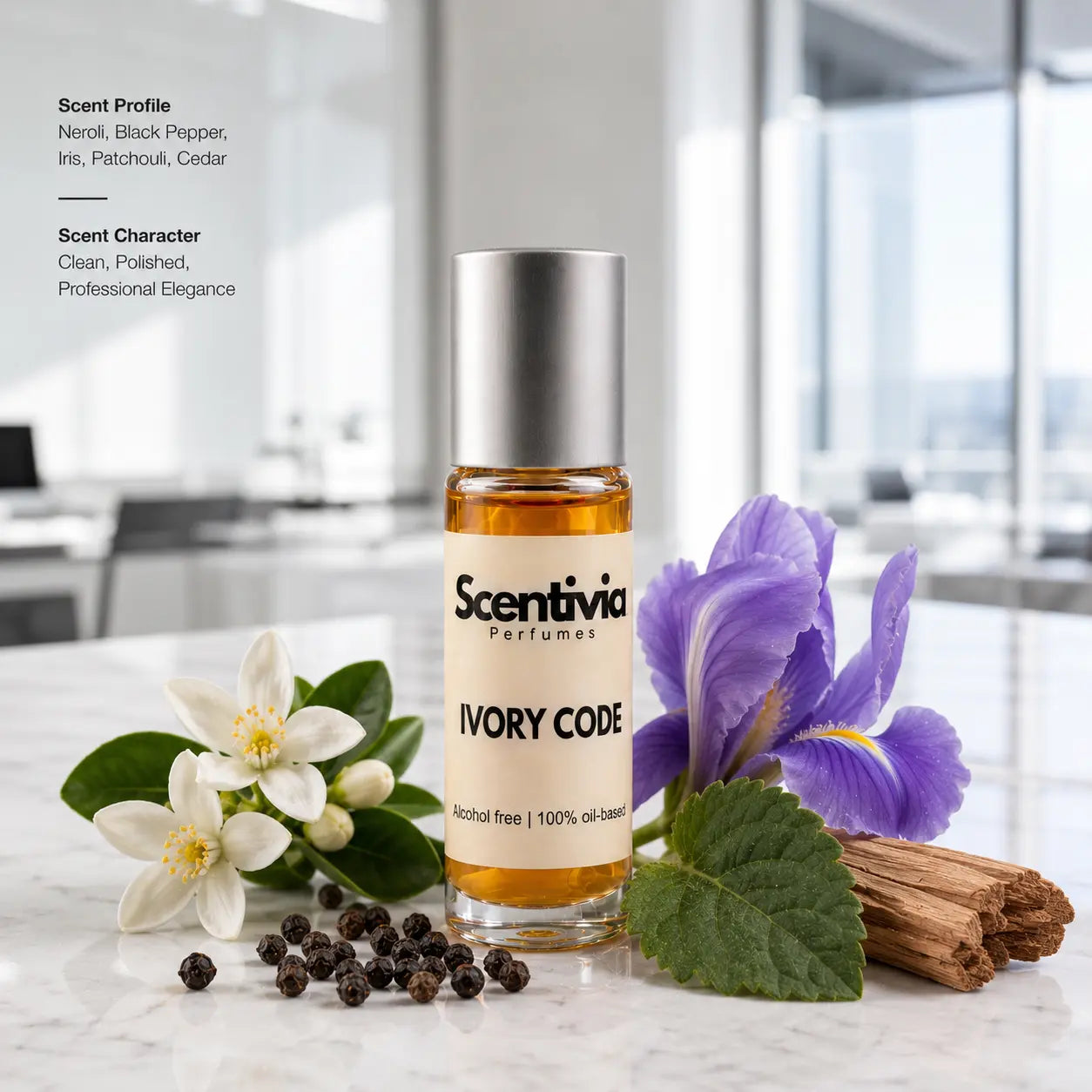 Ivory Code Roll On bottle with Neroli, Iris, Black Pepper and Cedar featuring a polished professional scent profile