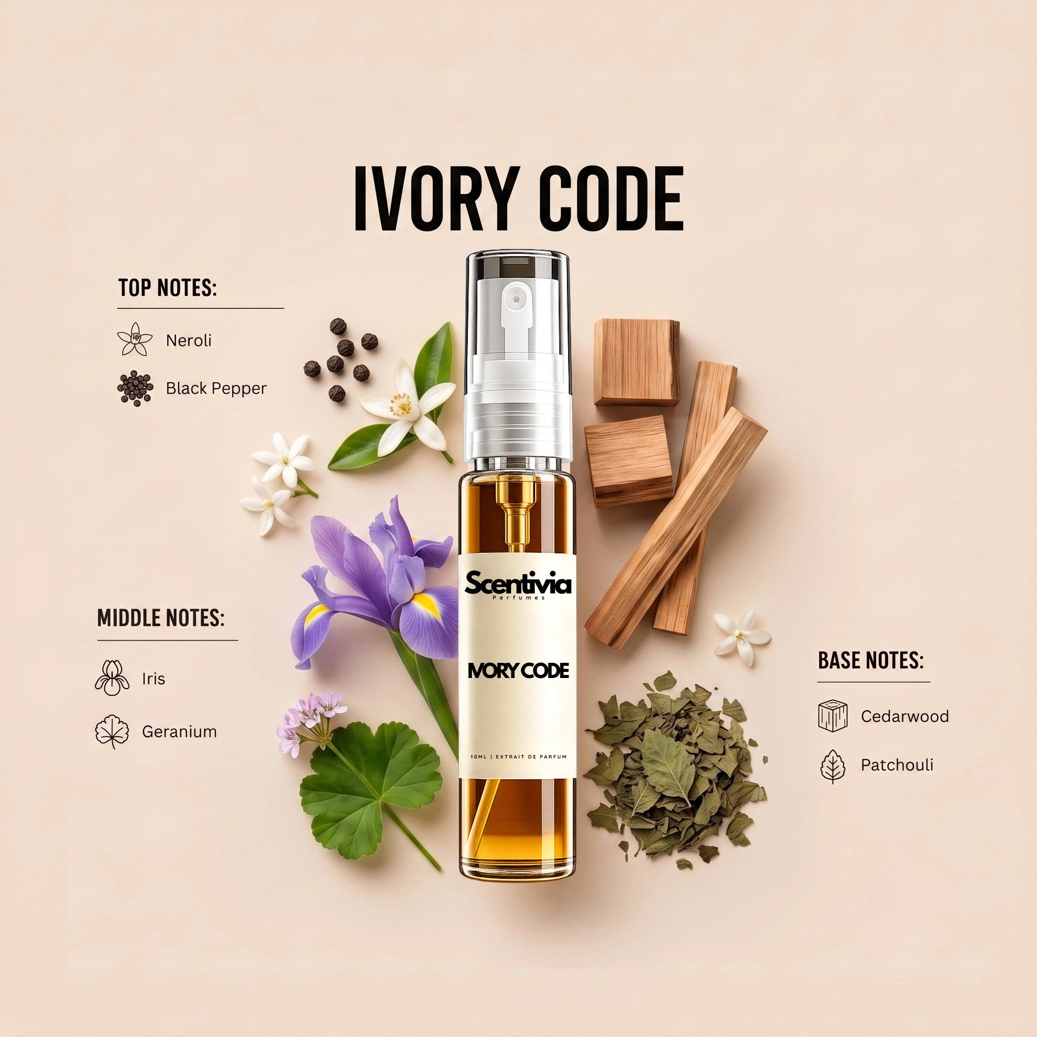 Ivory Code 10ML perfume bottle by Scentivia Perfumes with neroli, black pepper, iris, cedarwood and patchouli