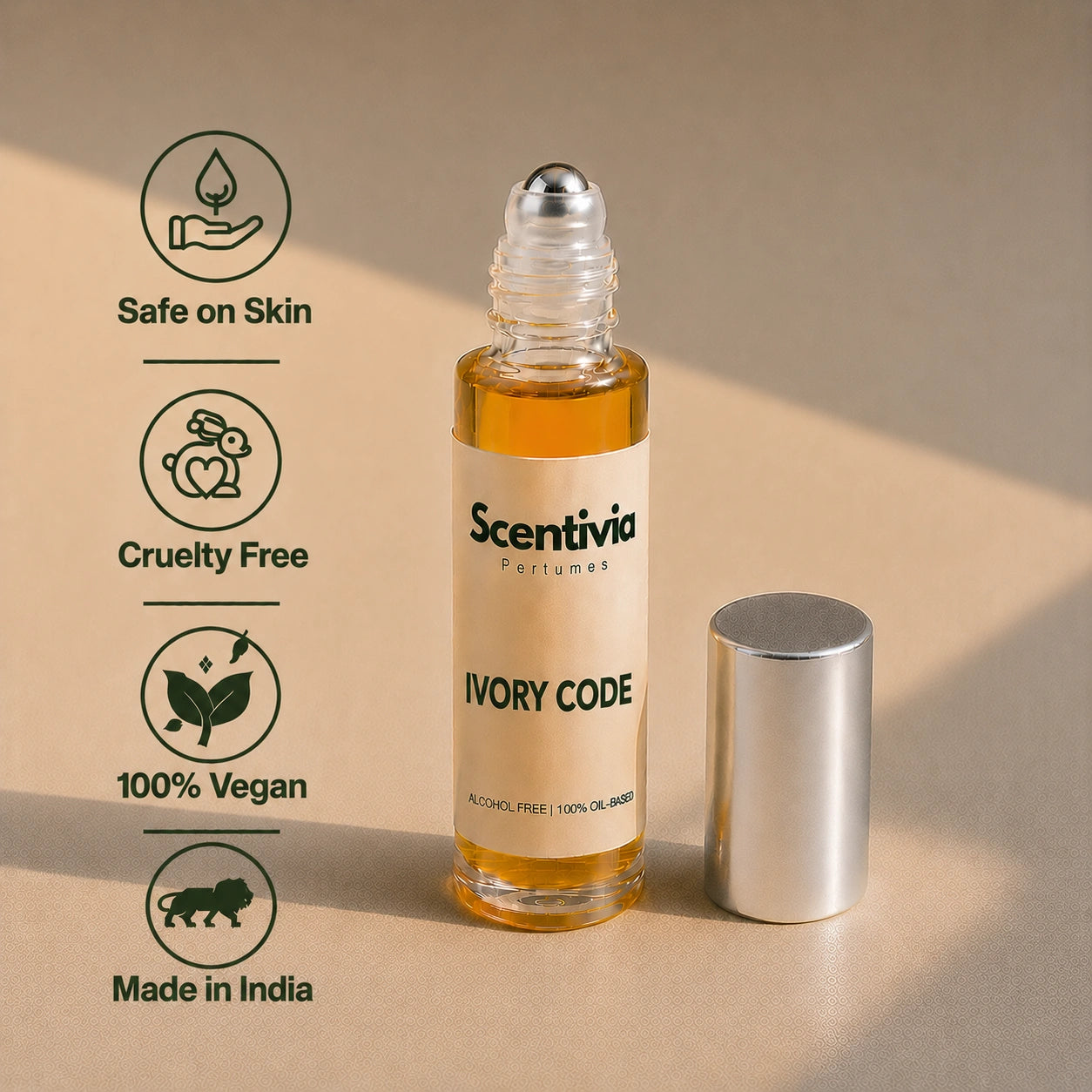 Ivory Code Roll On bottle highlighting skin safe, cruelty free, vegan and Made in India alcohol free perfume benefits
