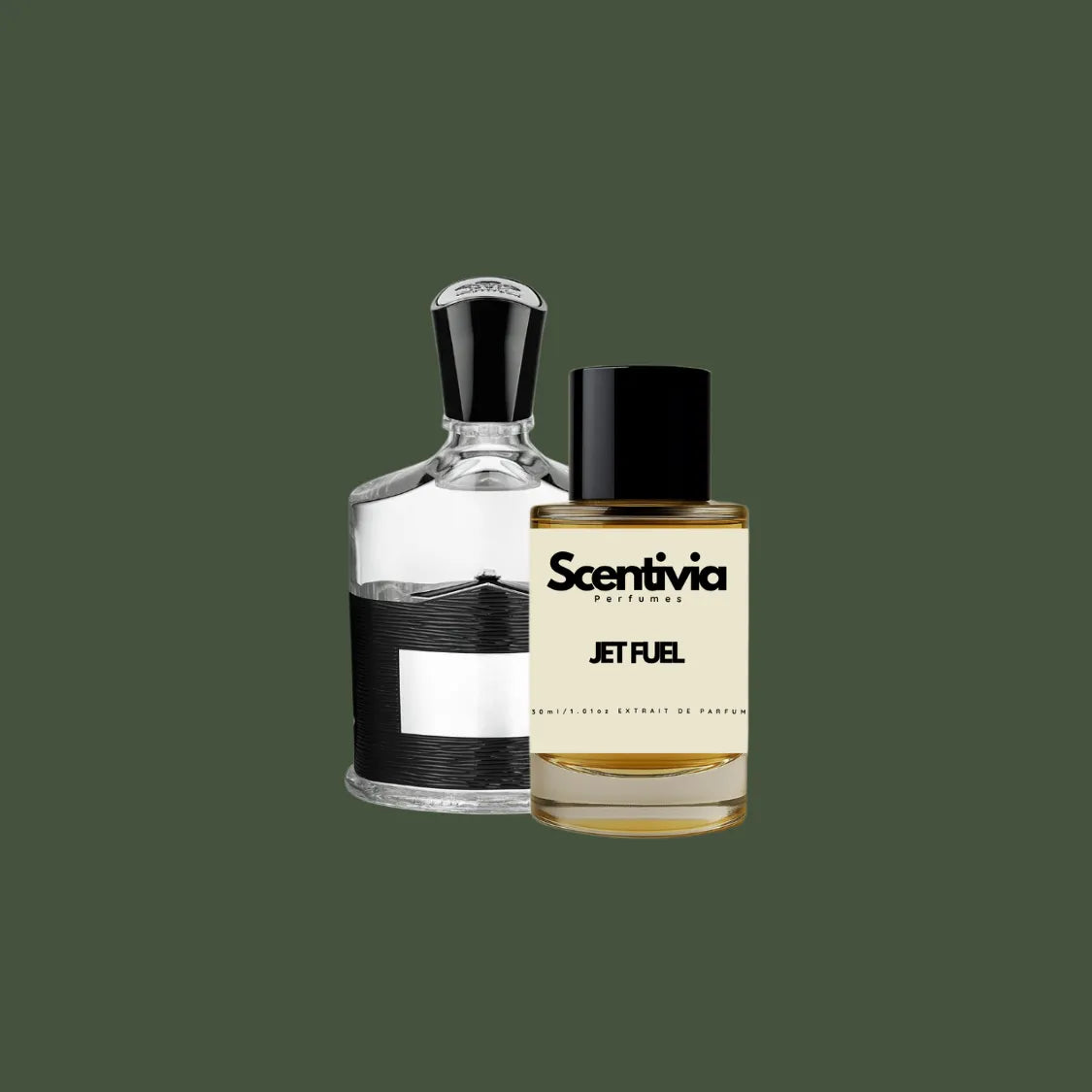 Scentivia Jet Fuel perfume bottle paired alongside a luxury clear glass bottle featuring a textured black lower wrap and a flared black and silver cap, on a solid dark olive green background.