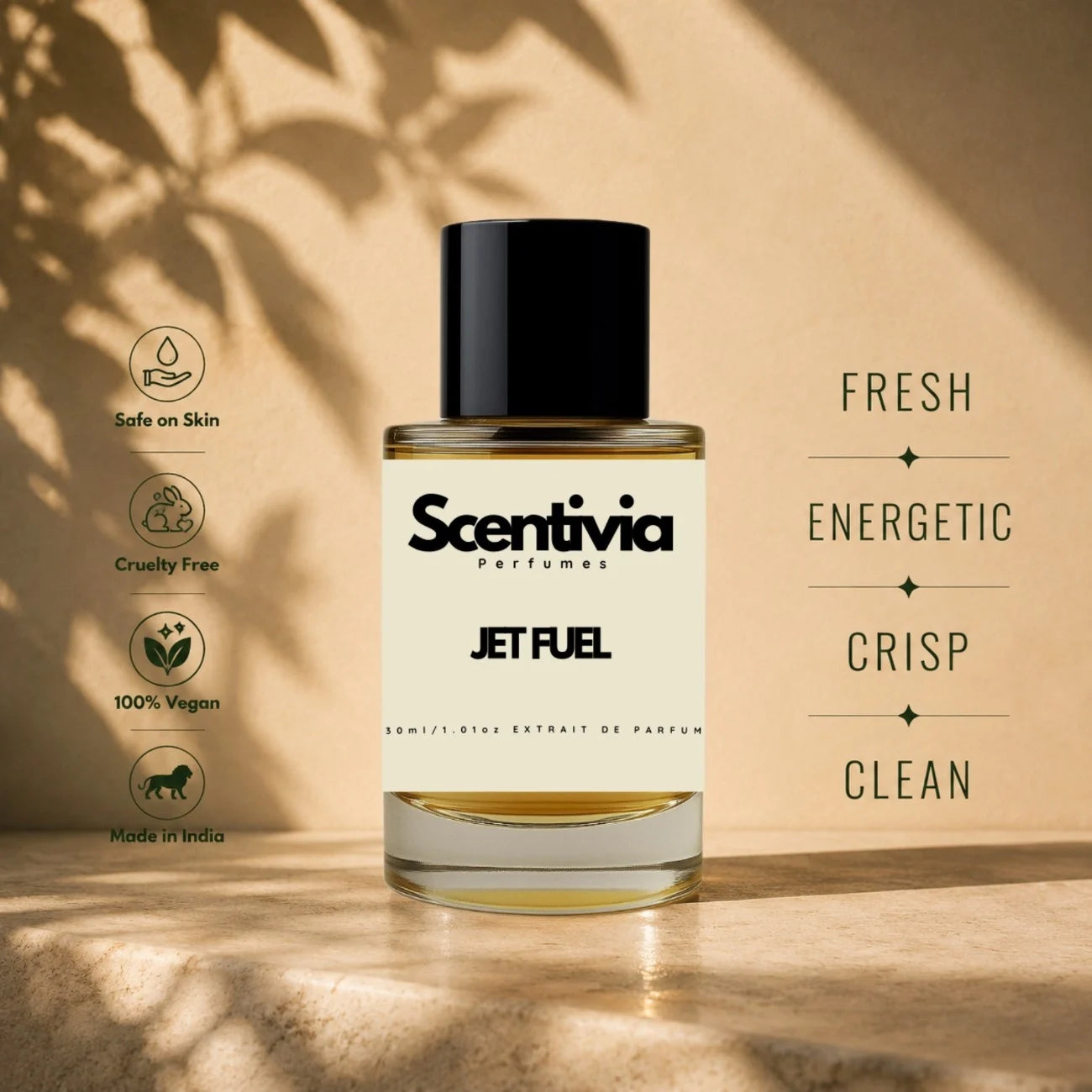 A Scentivia Jet Fuel perfume bottle standing on a warm textured stone ledge under dappled leaf shadows, bordered by ethical certification icons on the left and crisp scent descriptors on the right.