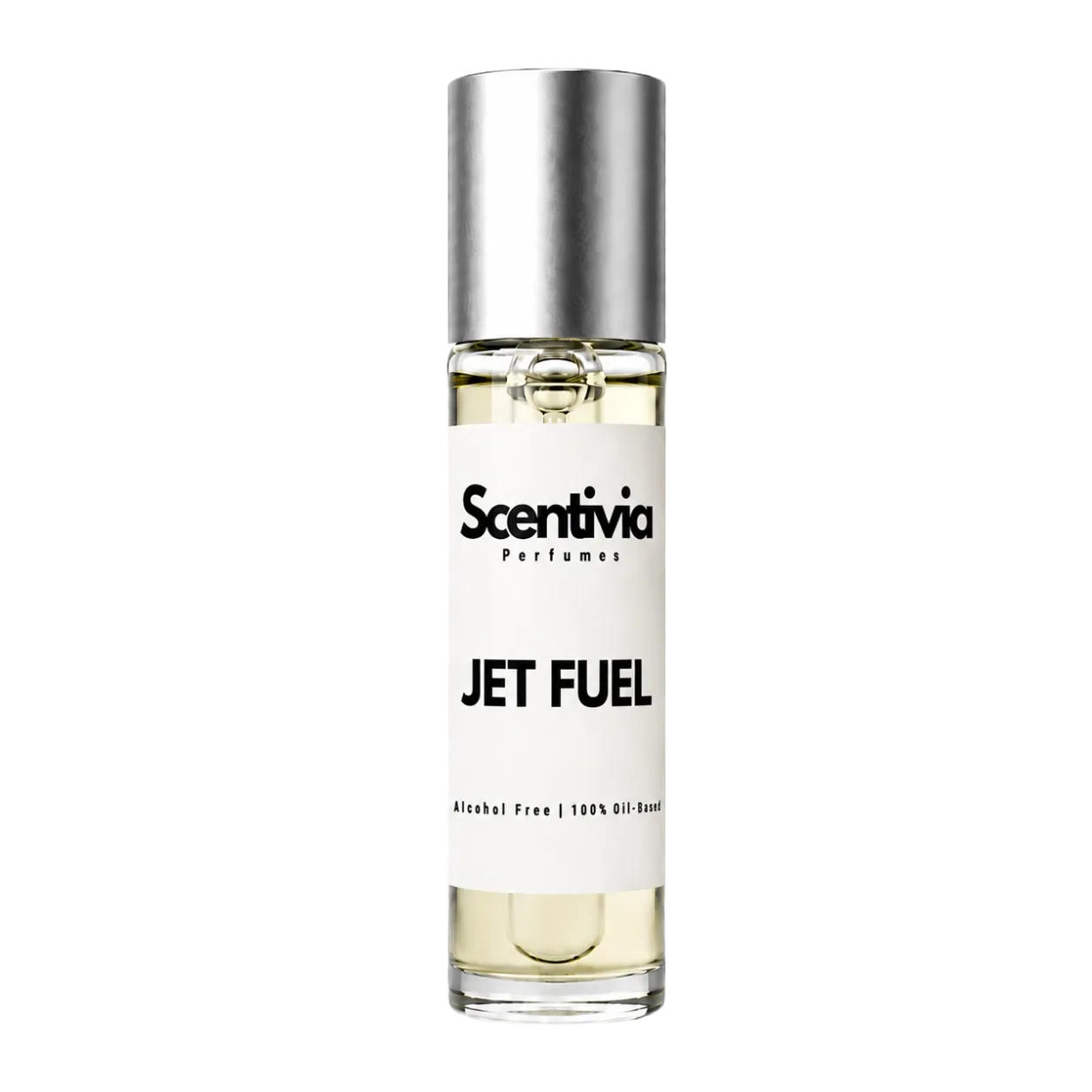 Jet Fuel 10 mL roll-on perfume bottle with silver cap and clear liquid