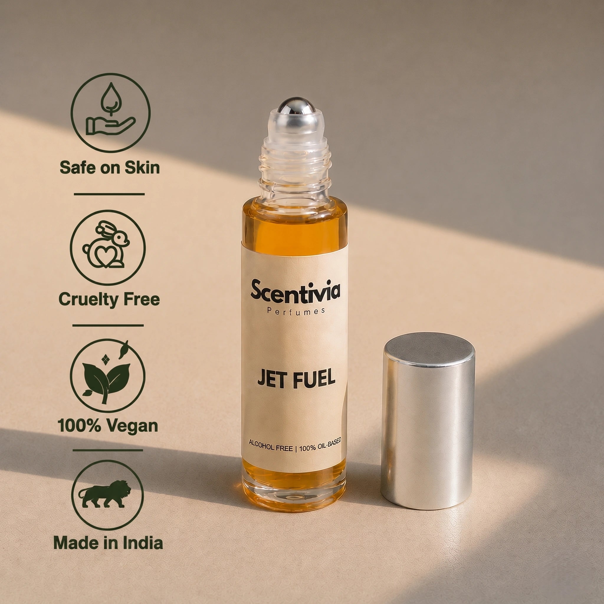 Jet Fuel Roll On bottle highlighting skin safe, cruelty free, vegan and Made in India alcohol free perfume benefits
