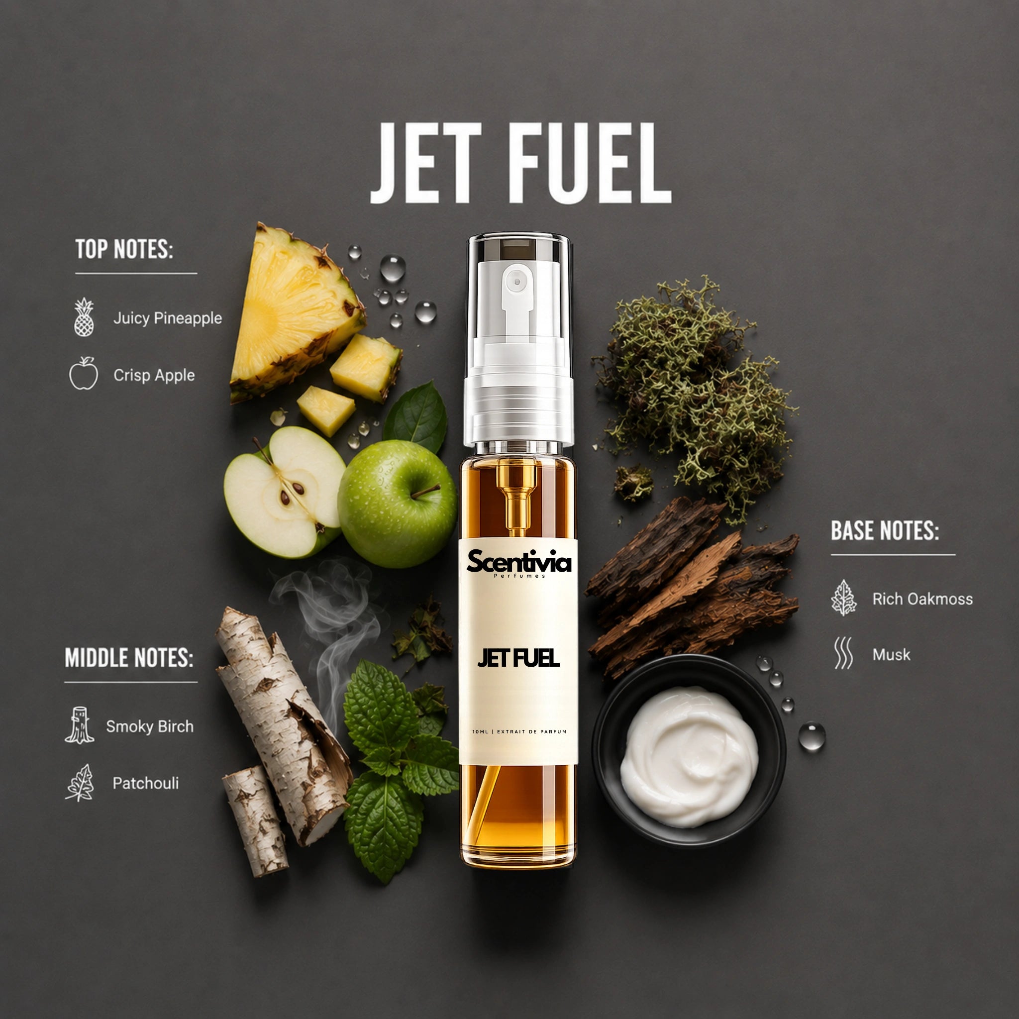 Jet Fuel - Luxury fragrance ingredients with pineapple, crisp apple, smoky birch, patchouli, oakmoss and soft musk