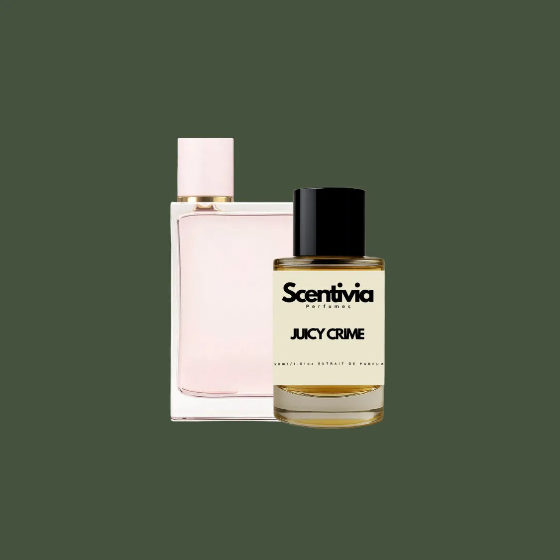Scentivia Juicy Crime perfume bottle paired alongside a designer rectangular pink bottle on a solid dark olive green background.