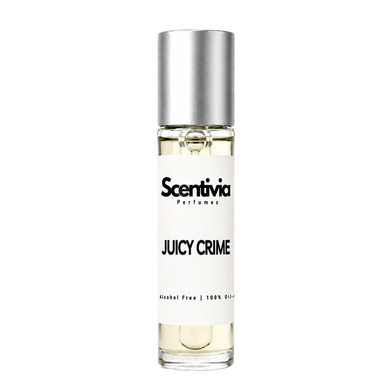 Juicy Crime roll-on perfume bottle, clear glass with silver cap and label