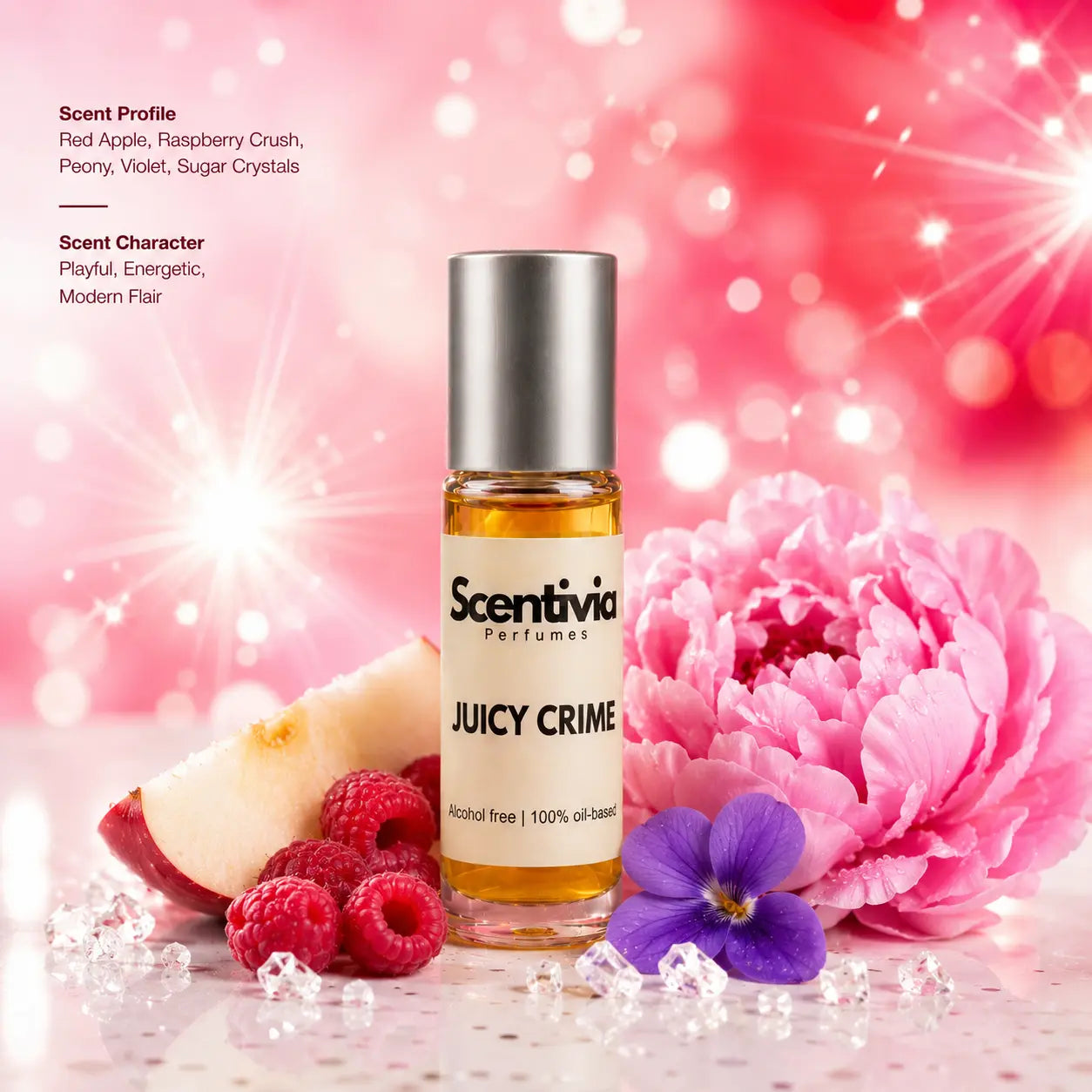 Juicy Crime: Scent Profile: Red Apple, Raspberry Crush, Peony, Violet, Sugar Crystals. Scent Character: Playful, Energetic, Modern Flair