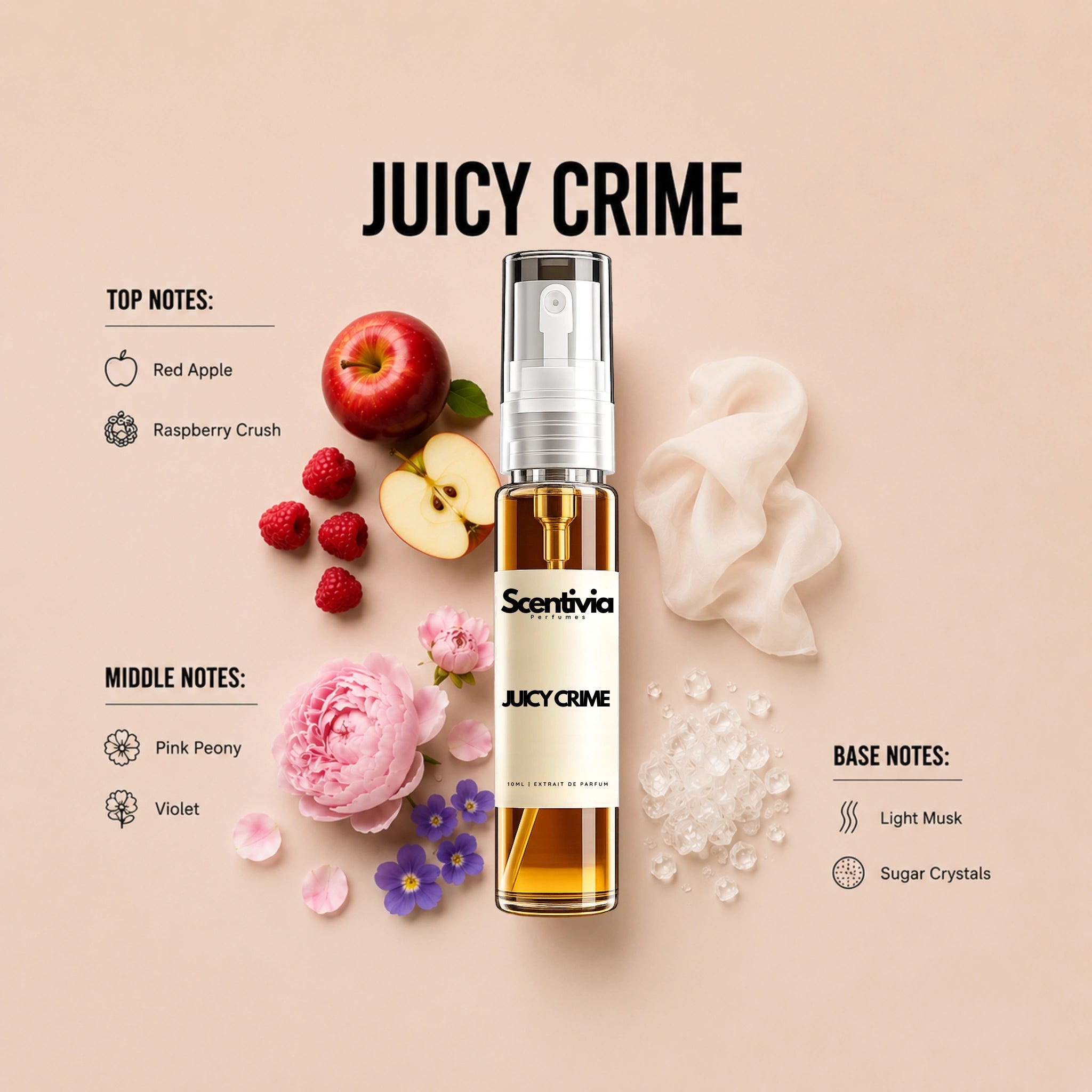 Juicy Crime - Luxury fragrance ingredients with red apple, raspberry, peony, violet, light musk and sparkling sugar crystals