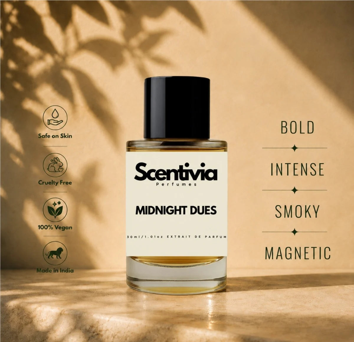 A Scentivia Midnight Dues perfume bottle standing on a warm textured stone ledge under dappled leaf shadows, bordered by ethical certification icons on the left and bold, smoky scent descriptors on the right.