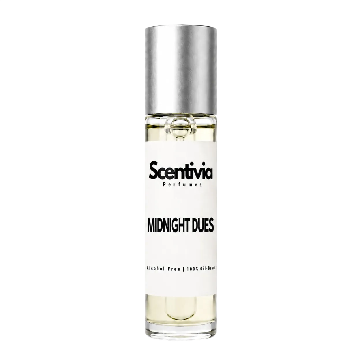Roll-on perfume bottle with silver cap and white label reading MIDNIGHT DUES