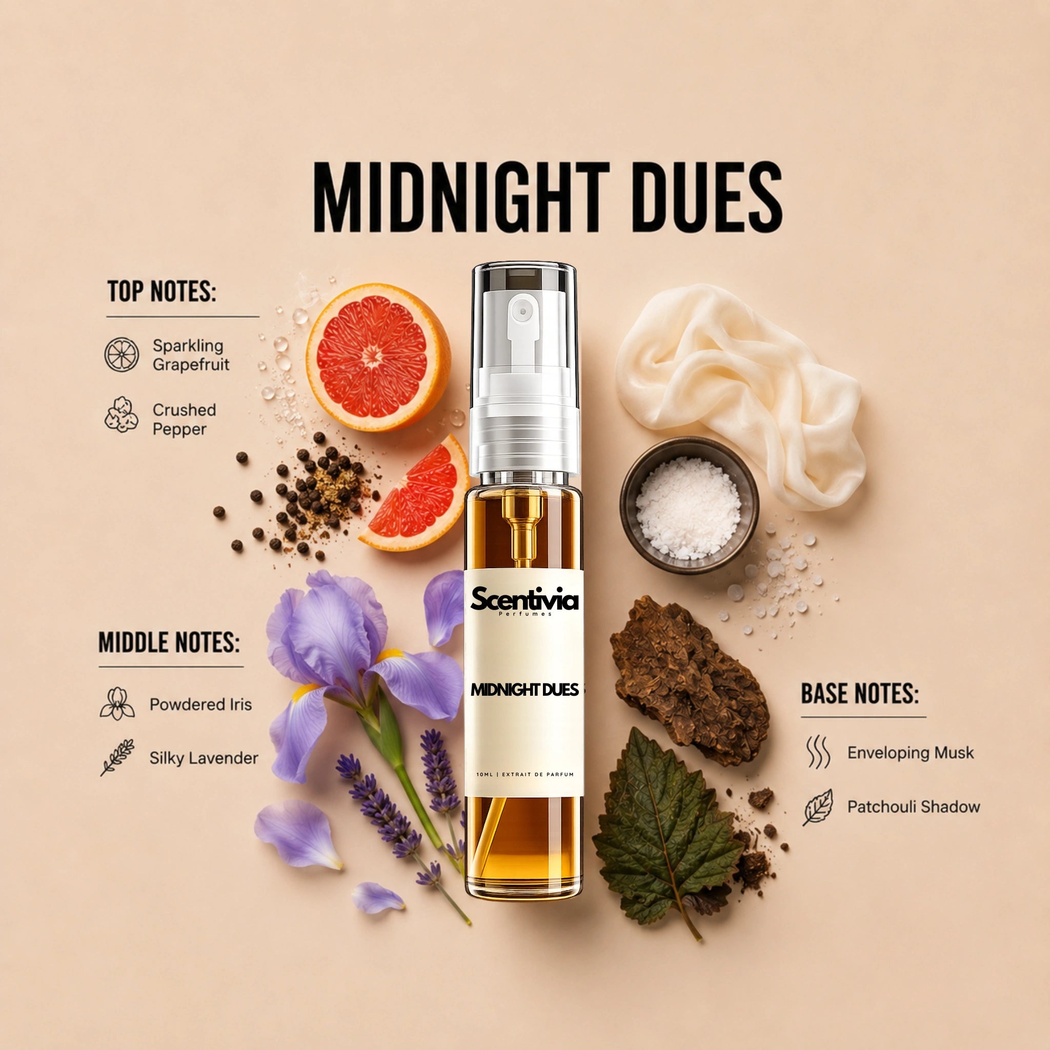 Midnight Dues - Luxury fragrance ingredients featuring grapefruit, pepper, iris, lavender, musk, patchouli and sea salt accents
