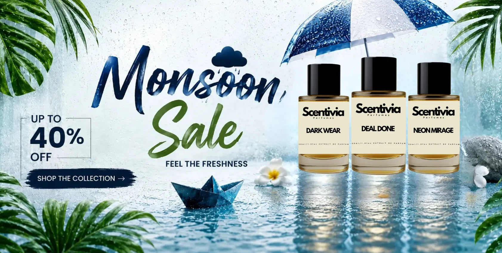 Monsoon Sale banner featuring Scentivia perfumes under an umbrella, with a rainy backdrop, tropical leaves, and up to 40% off promotion.