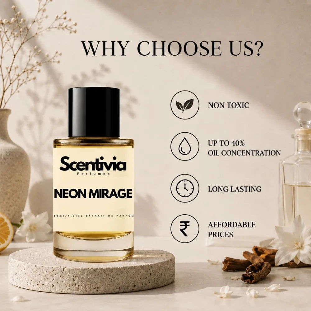 Scentivia Neon Mirage perfume advertisement with "Why Choose Us?" text, listing benefits like non-toxic and long lasting next to the bottle.