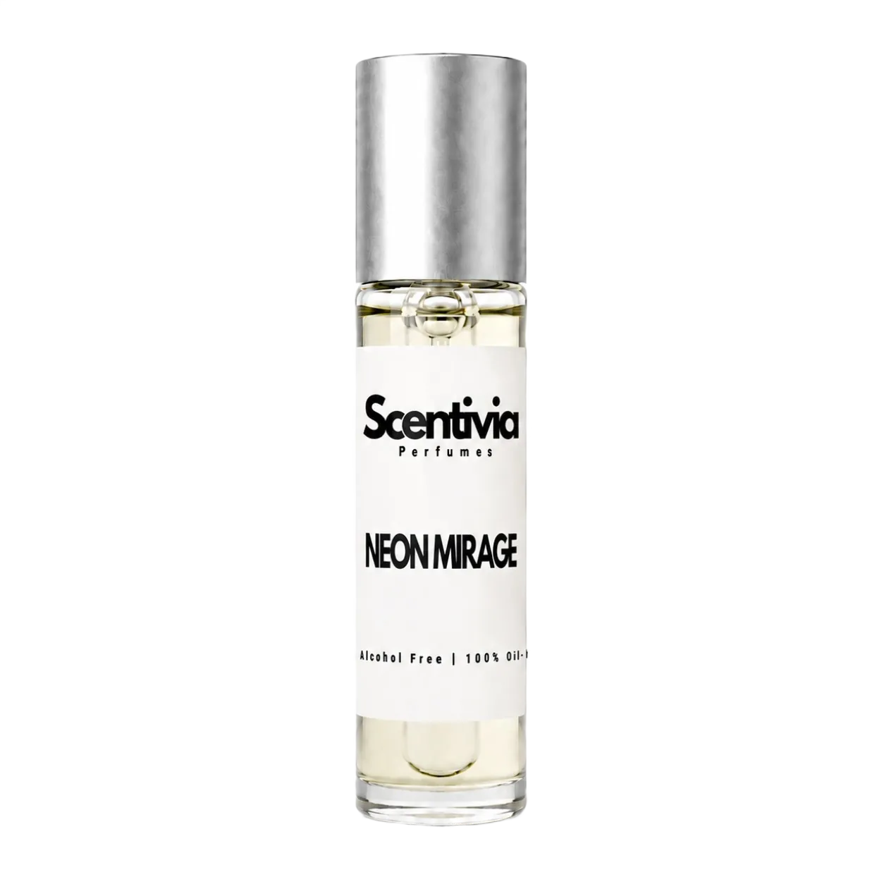 Neon Mirage roll-on perfume bottle with silver cap and clear glass vial