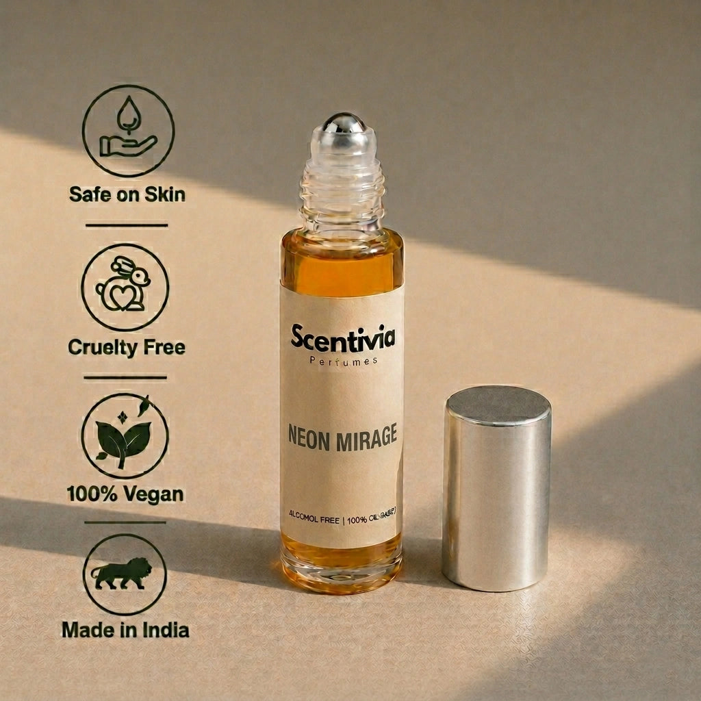 Neon Mirage Roll On bottle highlighting skin safe, cruelty free, vegan and Made in India alcohol free perfume benefits

