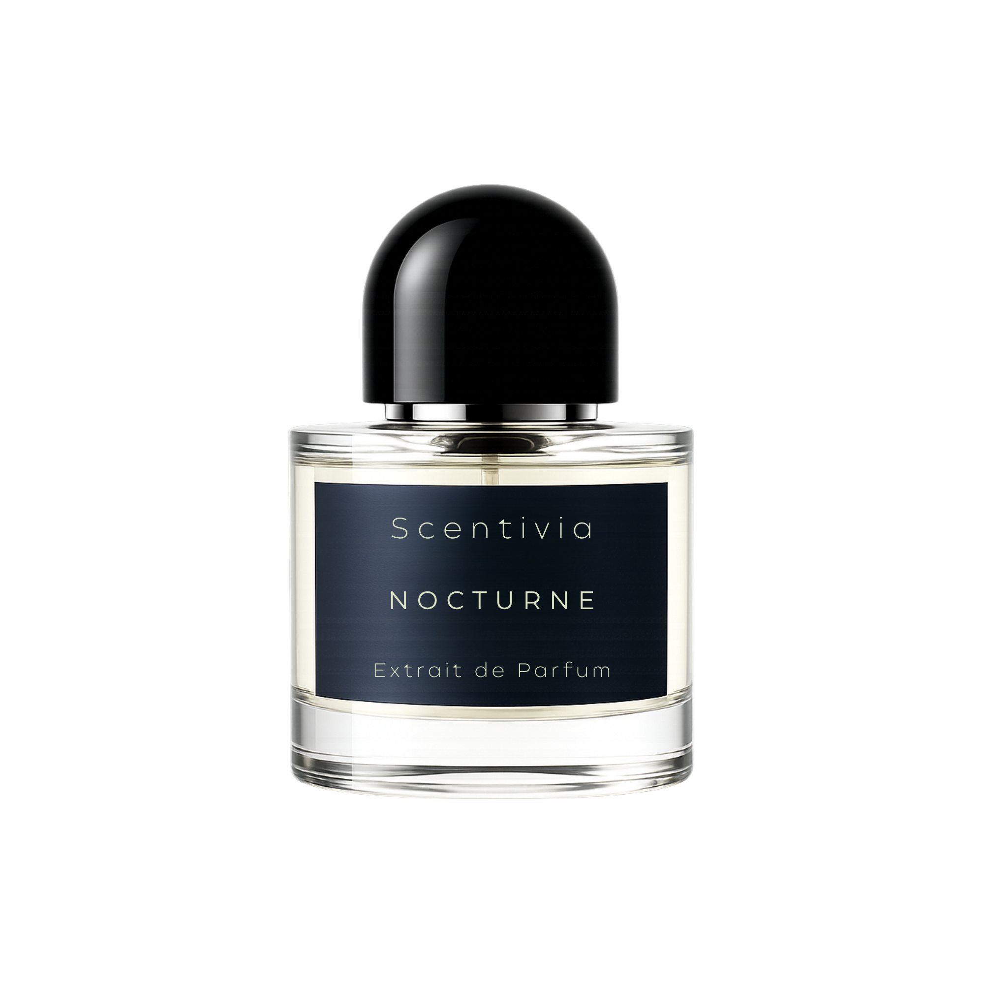 Nocturne extrait de parfum bottle with black domed cap and clear glass base