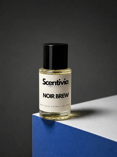 Perfume bottle with black cap, labeled Noir Brew by Scentivia
