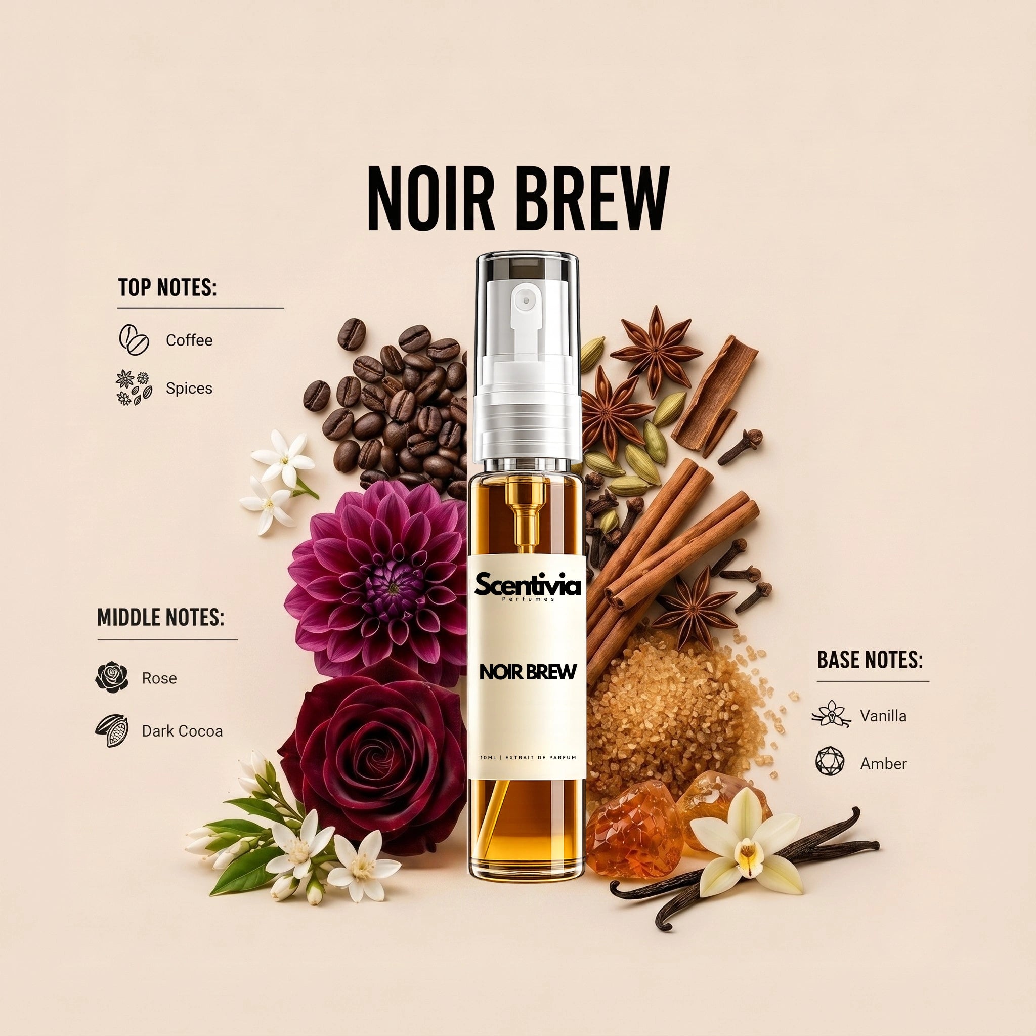 Noir Brew 10ML perfume bottle by Scentivia Perfumes with Coffee, Spices, Rose, Dark Cocoa, Vanilla and Amber