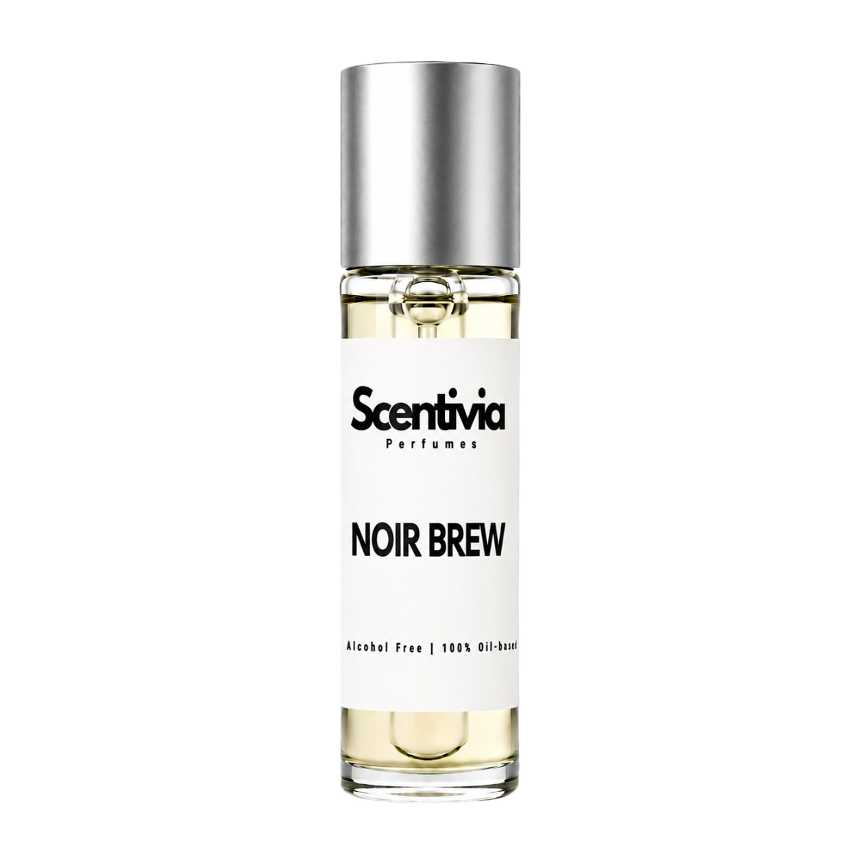 Roll-on perfume bottle with silver cap and clear glass, labeled Noir Brew