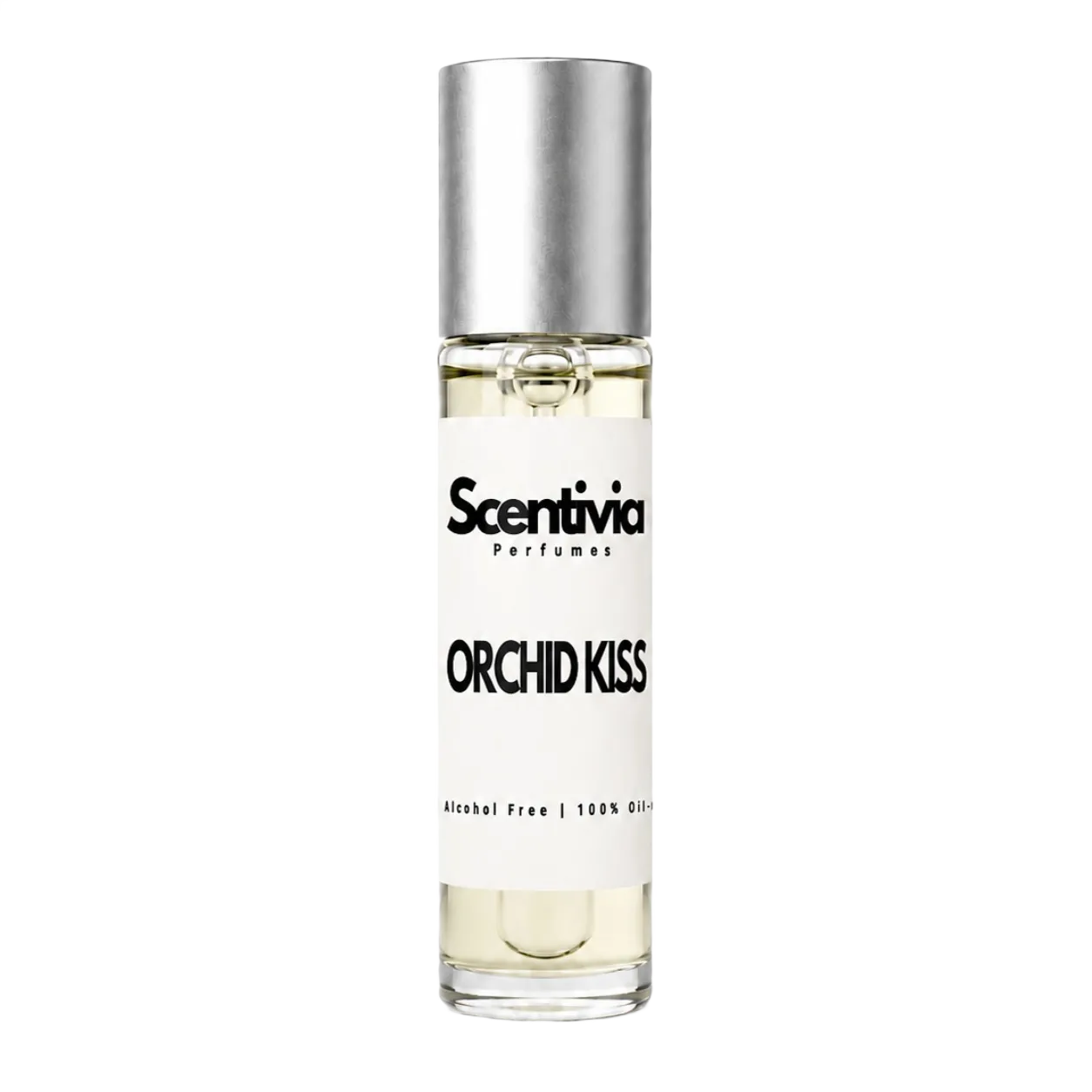 10ml Orchid Kiss roll-on perfume bottle with silver cap and clear glass body