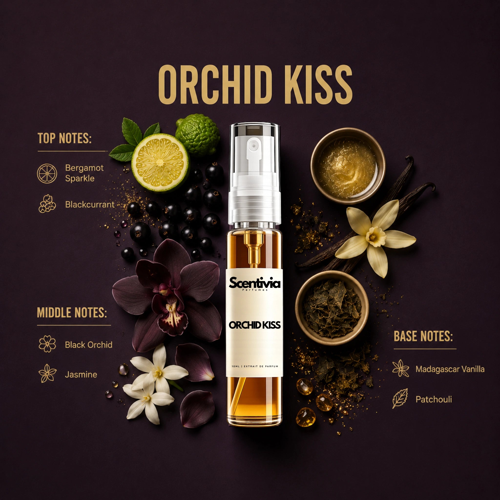 Orchid Kiss 10ML perfume bottle by Scentivia Perfumes with Bergamot, Blackcurrant, Orchid, Vanilla and Patchouli