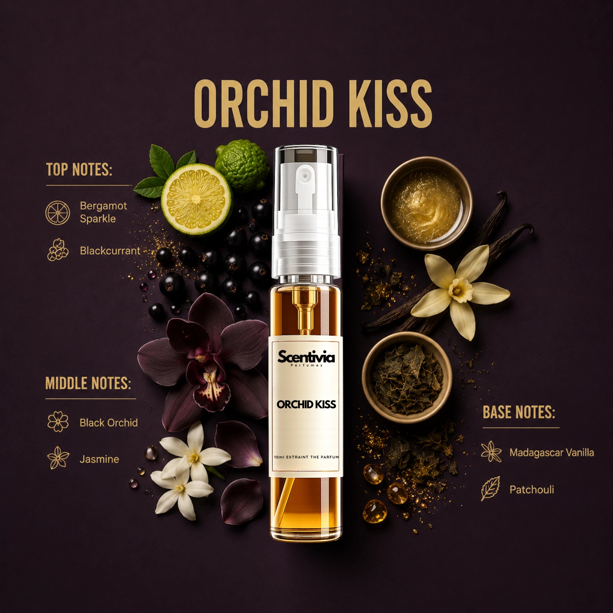 Orchid Kiss 10ML perfume bottle by Scentivia Perfumes with Bergamot, Blackcurrant, Orchid, Vanilla and Patchouli