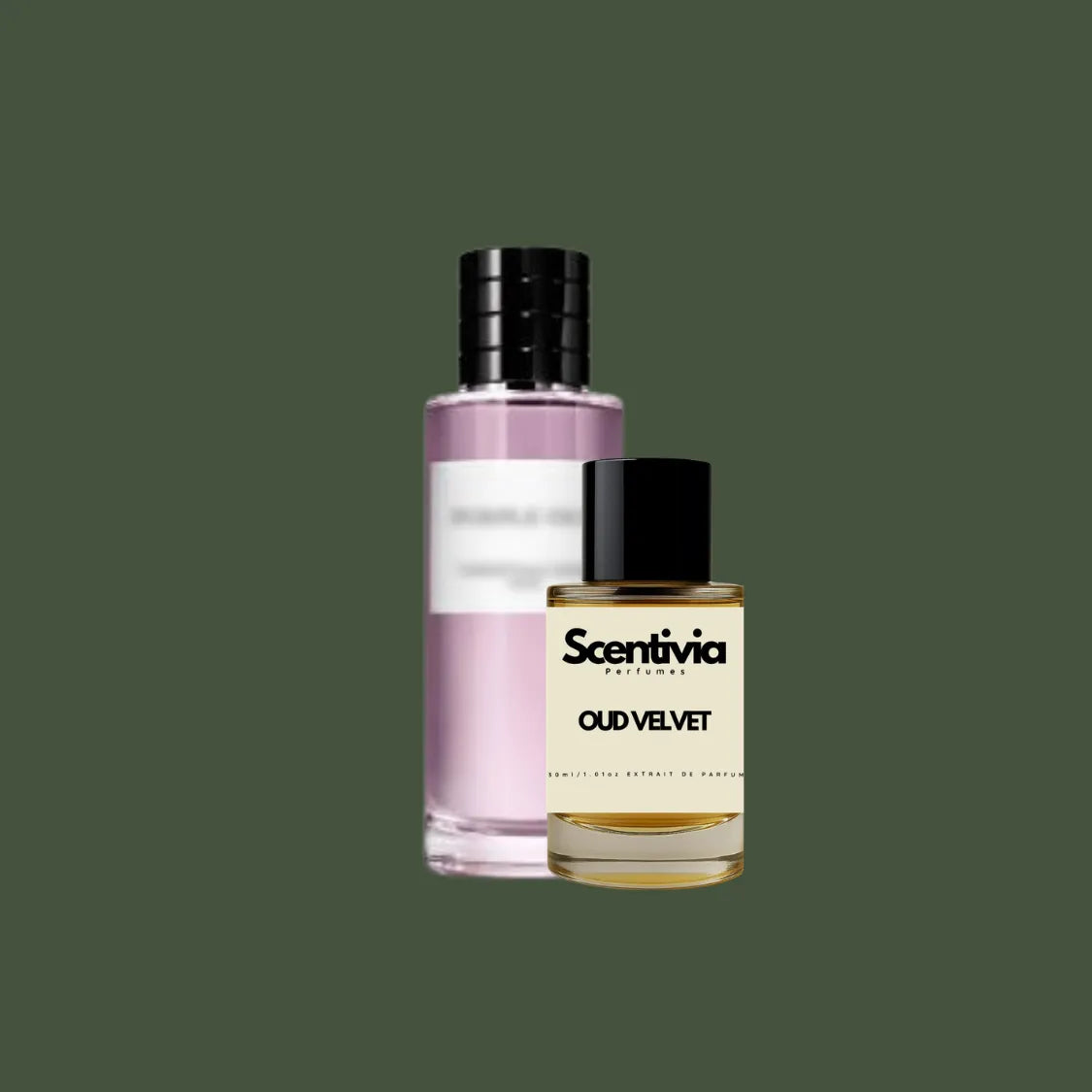 Scentivia Oud Velvet perfume bottle paired alongside a luxury light purple bottle on a solid dark olive green background.