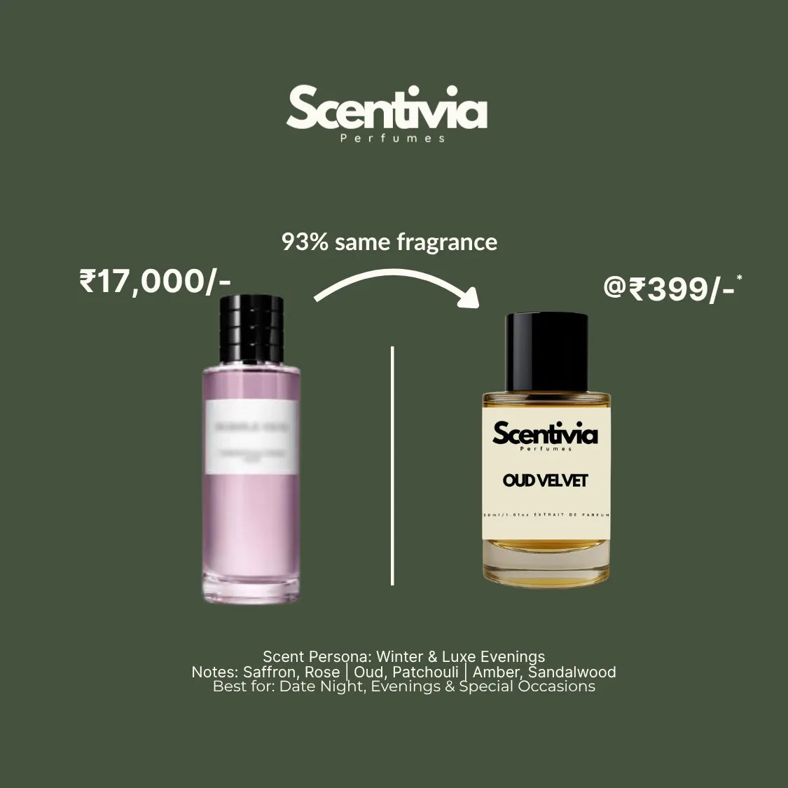 Scentivia Perfumes advertisement comparing a luxury light purple bottle to Oud Velvet for 399, highlighting a 93 percent same fragrance match.