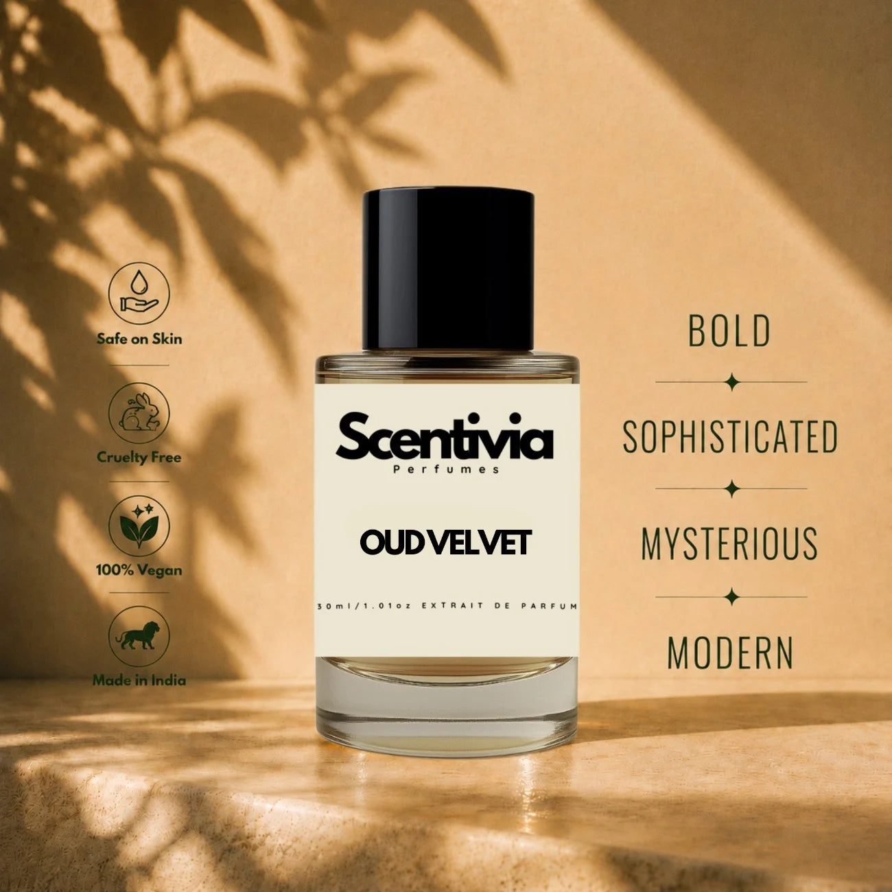 Scentivia Oud Velvet perfume bottle displayed on a stone ledge, featuring descriptive labels like Bold, Sophisticated, Mysterious, and Modern.