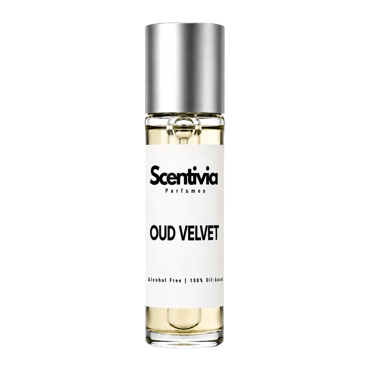 Oud Velvet roll-on perfume bottle with silver cap and Scentiva label, 10 mL