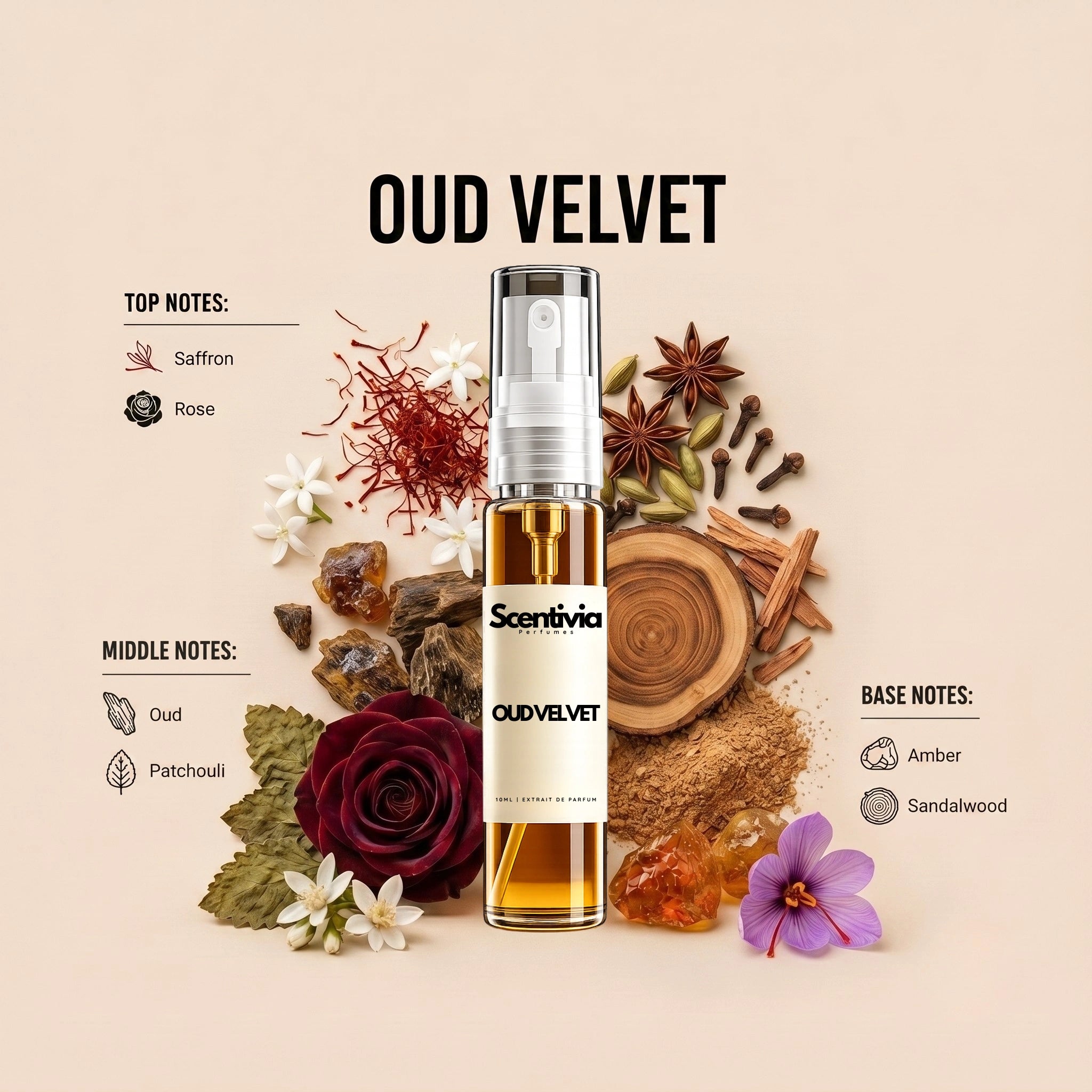 Oud Velvet 10ML perfume bottle by Scentivia Perfumes with Saffron, Rose, Oud, Patchouli, Amber and Sandalwood