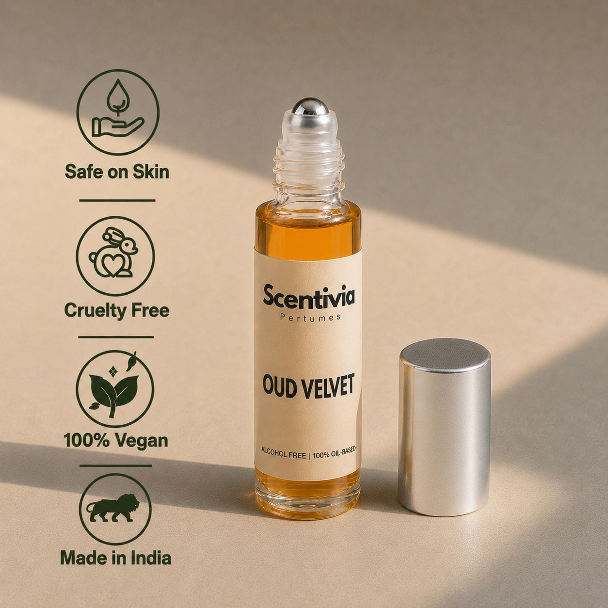 Oud Velvet Roll On bottle highlighting skin safe, cruelty free, vegan and Made in India alcohol free perfume benefits