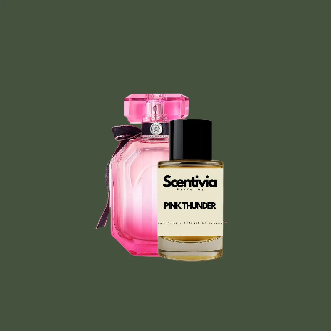 Scentivia Pink Thunder perfume bottle paired with a designer pink bottle with a ribbon on a solid dark olive green background.