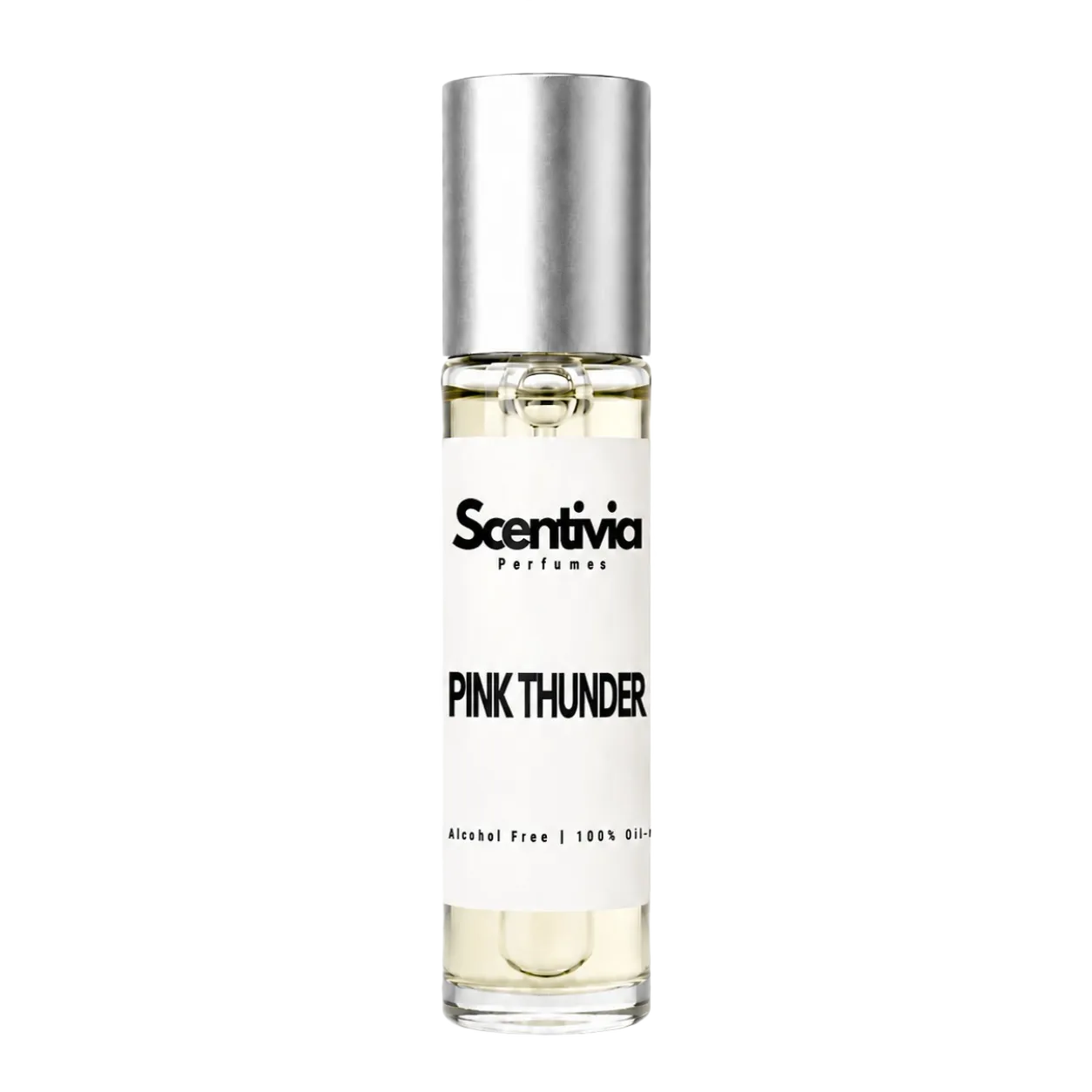 Scentiva Pink Thunder roll-on perfume bottle with silver cap, clear glass and label
