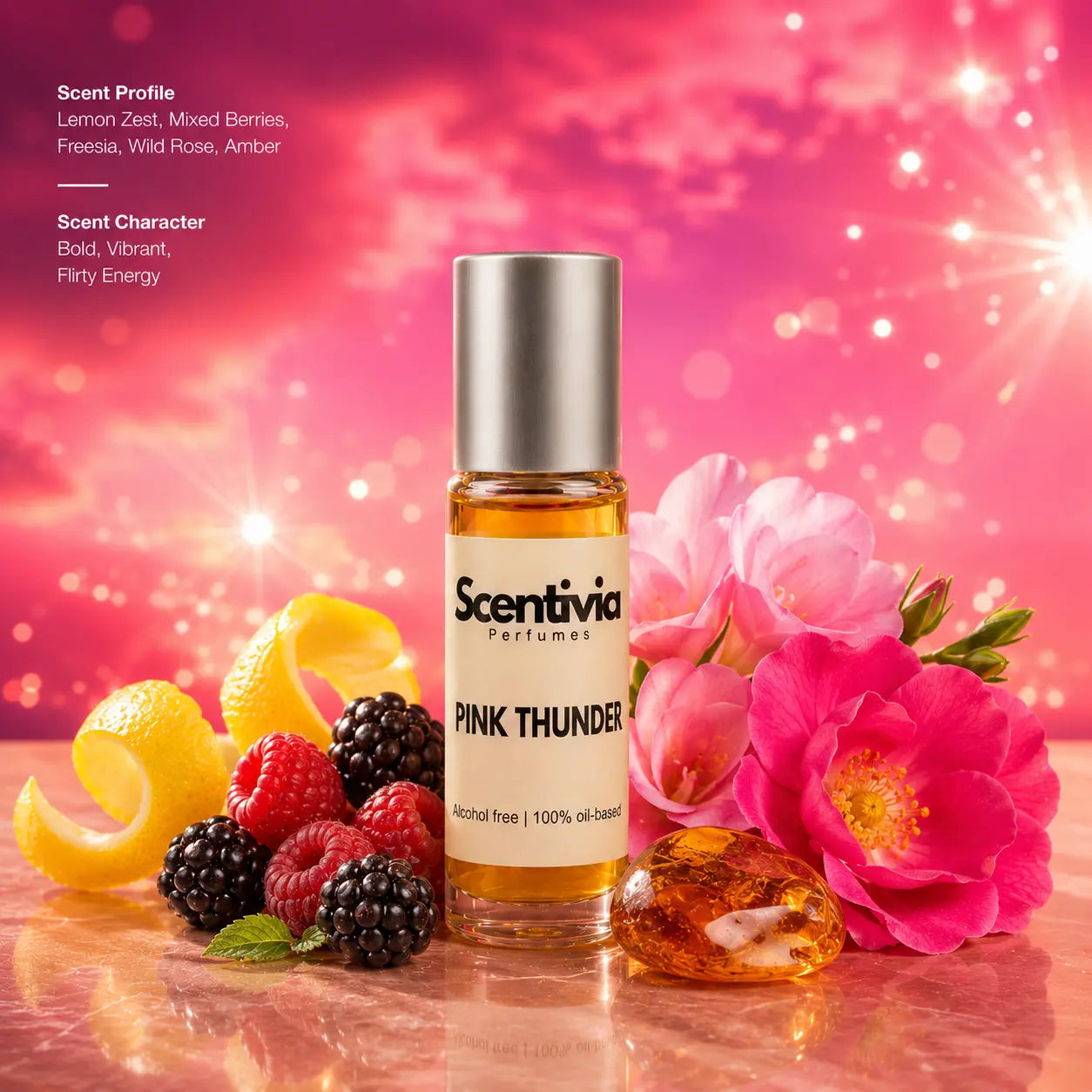 Pink Thunder Roll On bottle with Lemon Zest, Berries, Freesia and Amber featuring a bold vibrant scent profile