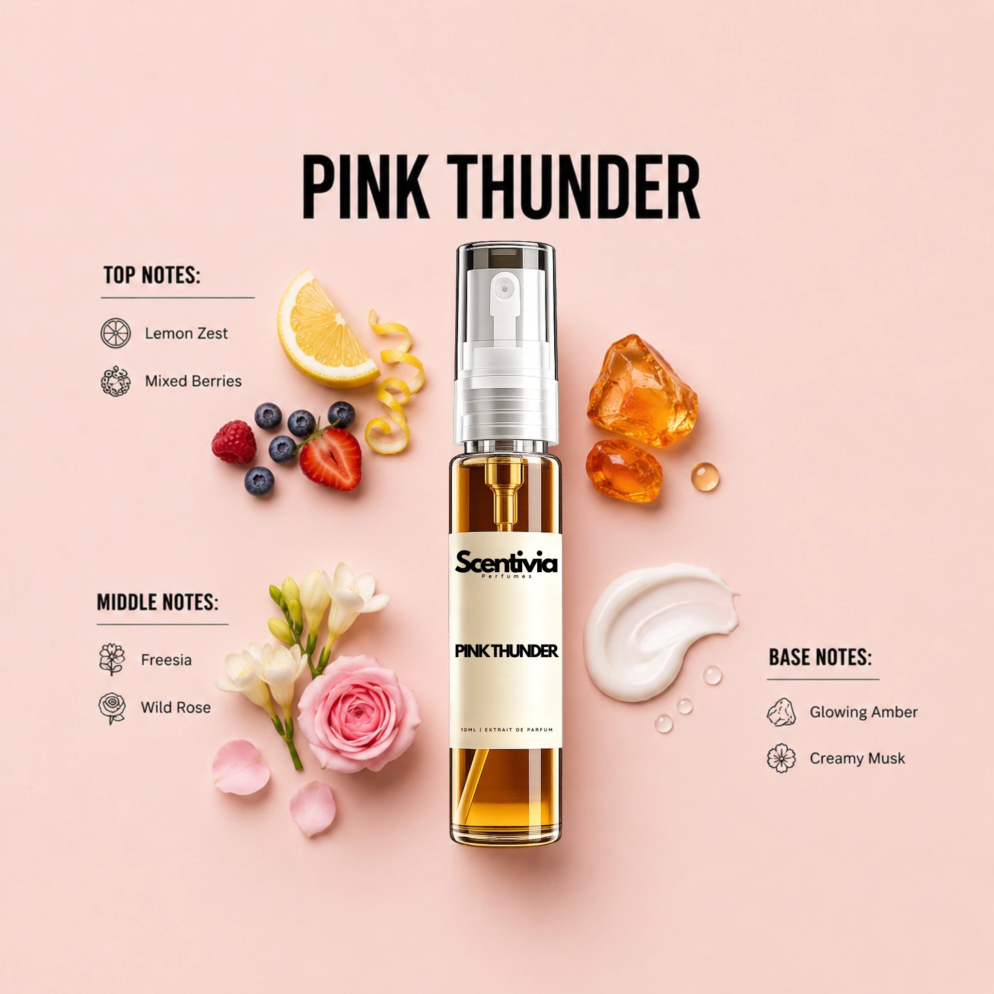 Pink Thunder 10ML perfume bottle by Scentivia Perfumes with Lemon Zest, Berries, Freesia, Rose, Amber and Musk