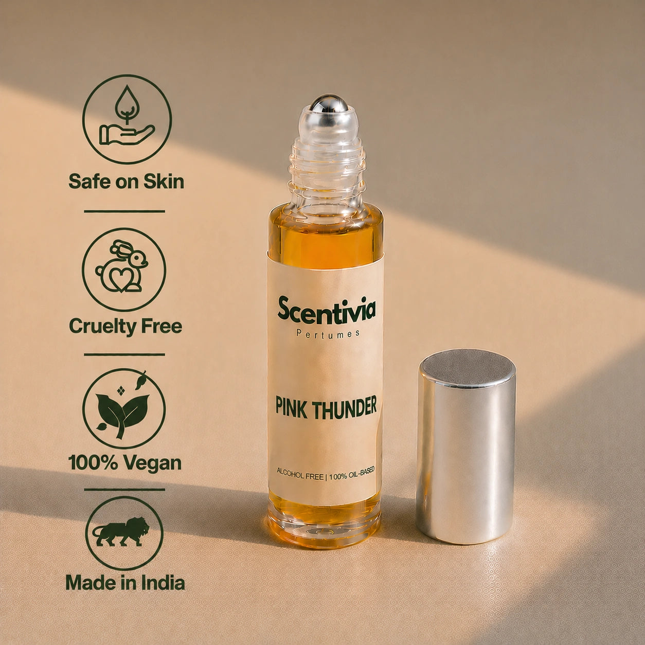 Pink Thunder Roll On bottle highlighting skin safe, cruelty free, vegan and Made in India alcohol free perfume benefits
