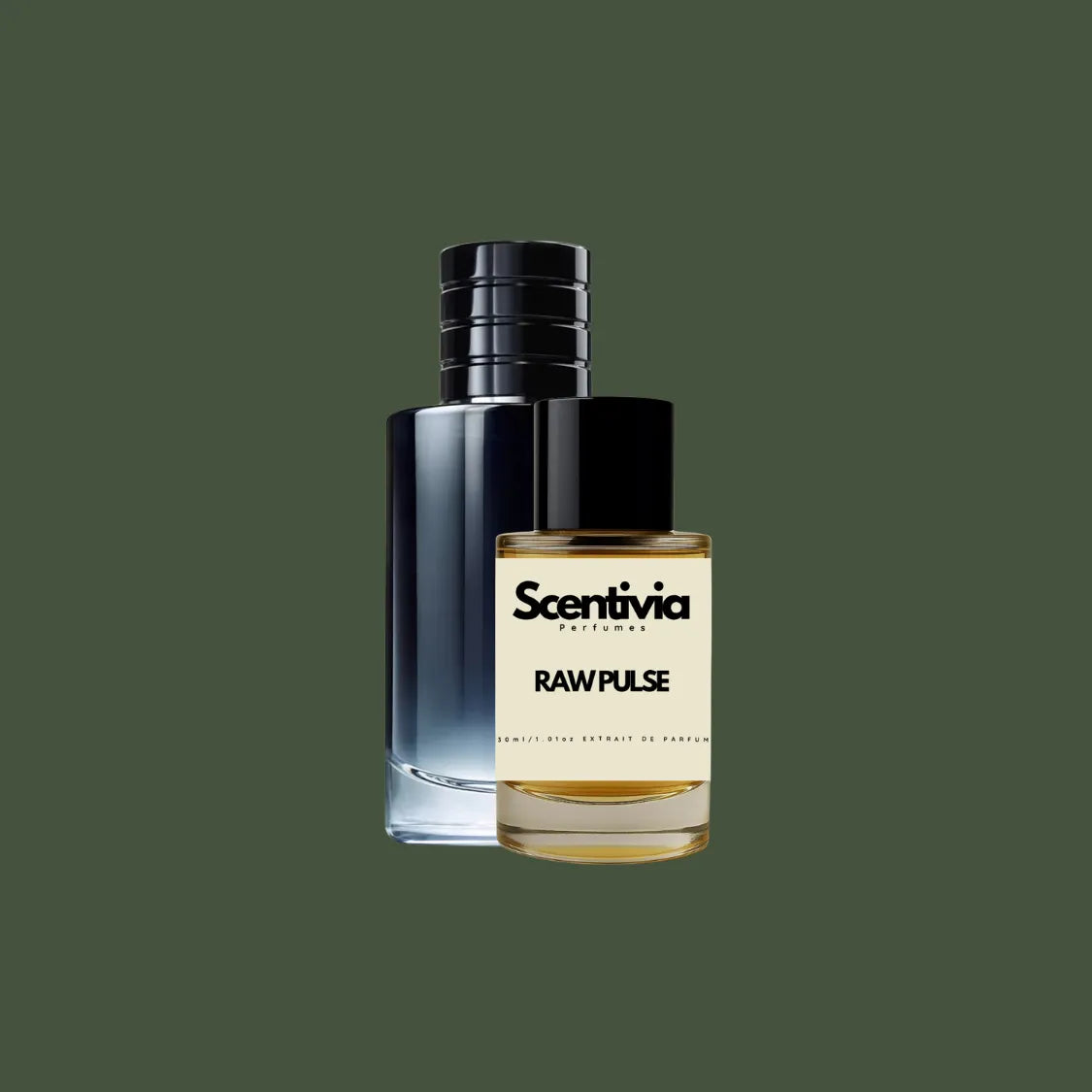 Scentivia Raw Pulse perfume bottle paired alongside a luxury dark blue ombre bottle on a solid dark olive green background.