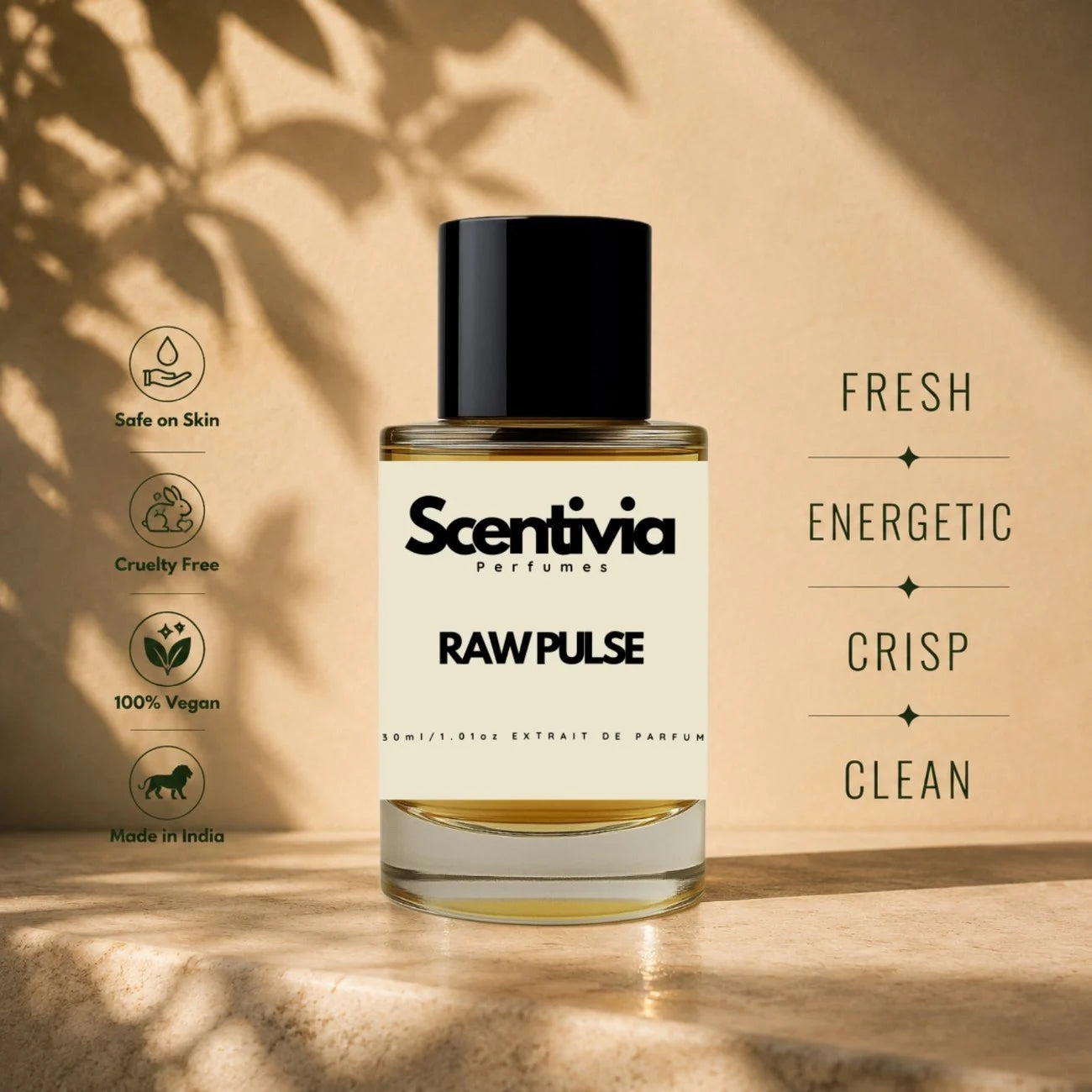 Scentivia Raw Pulse perfume bottle displayed on a stone ledge, featuring descriptive labels like Fresh, Energetic, Crisp, and Clean.