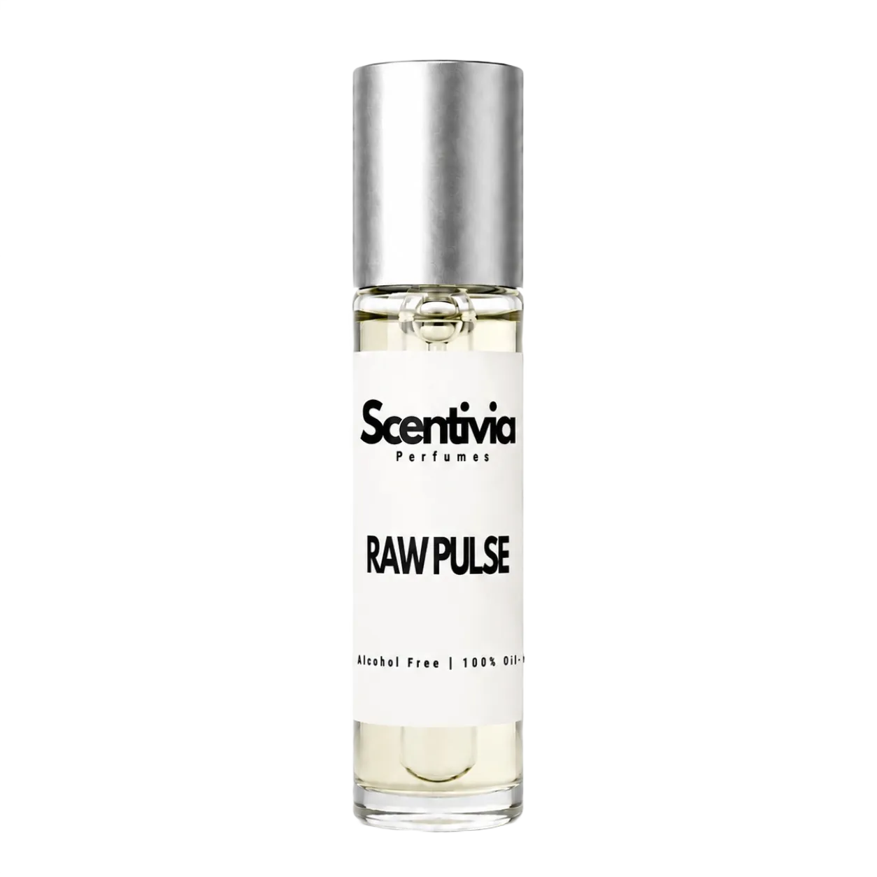 Roll-on perfume bottle with silver cap and clear glass, RAW PULSE label