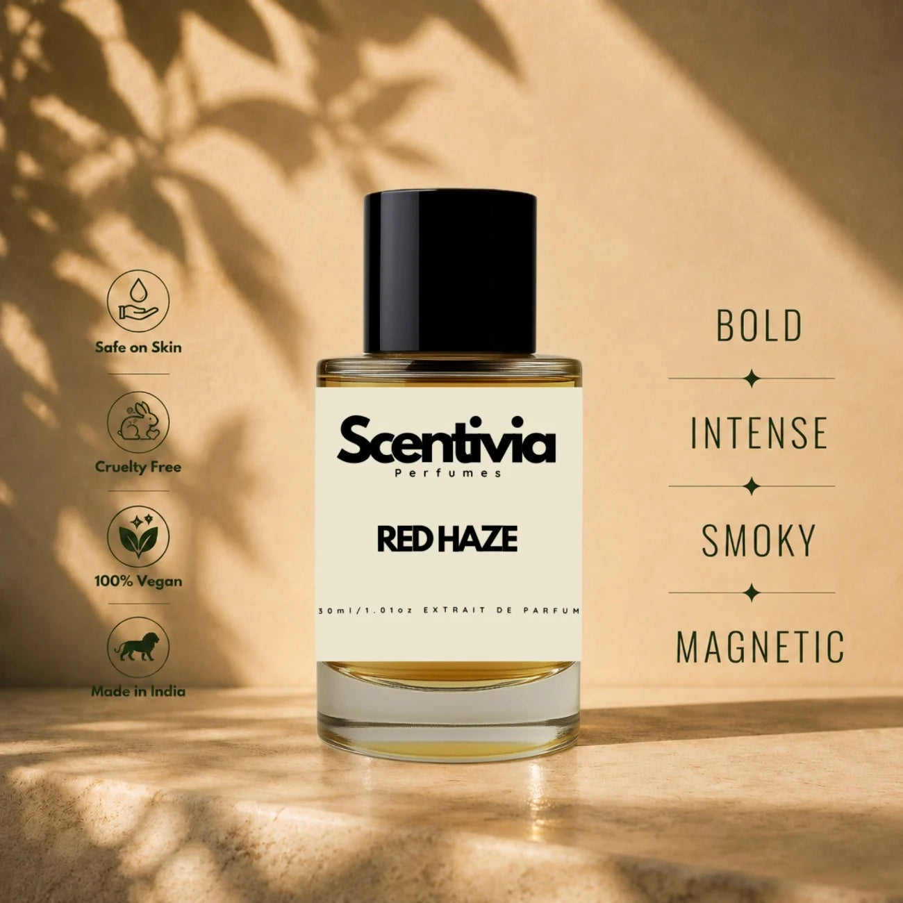 Scentivia Red Haze perfume bottle displayed on a stone ledge, featuring descriptive labels like Bold, Intense, Smoky, and Magnetic.