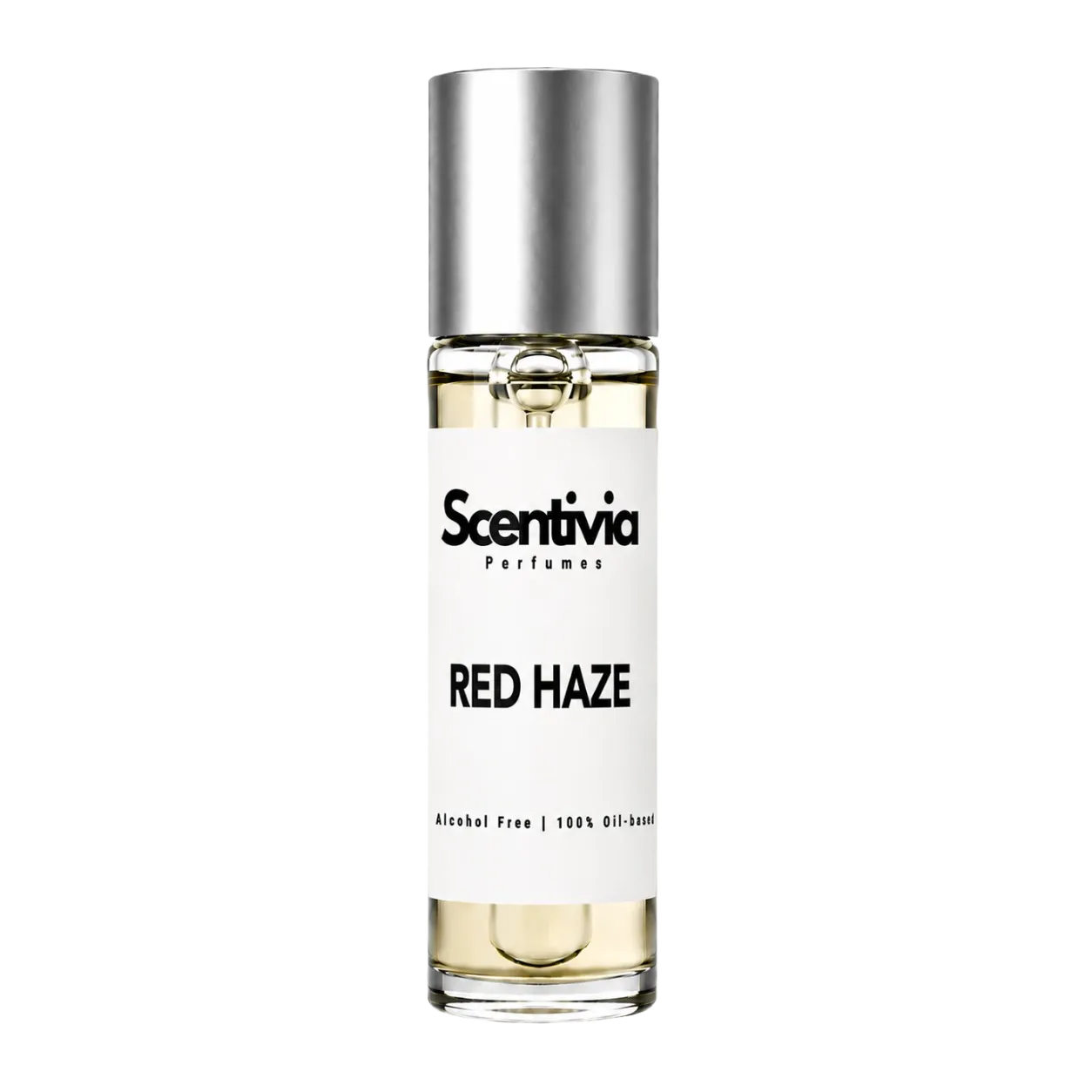 Scentiva Red Haze 10 mL roll-on perfume bottle with silver cap and clear vial